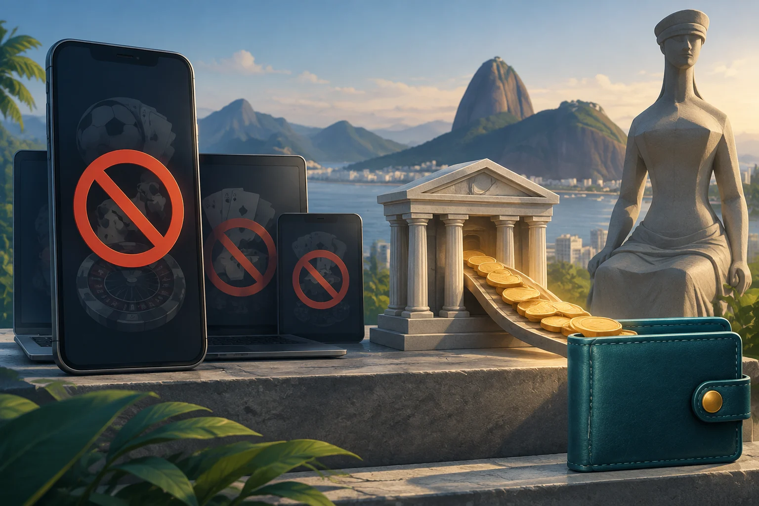 Plusieurs appareils affichent des symboles d’interdiction sur des images de jeux d’argent. Des pièces sortent d’un bâtiment à colonnes et se dirigent vers un portefeuille ouvert ; à l’arrière-plan, un paysage côtier, des montagnes et une statue allégorique assise.