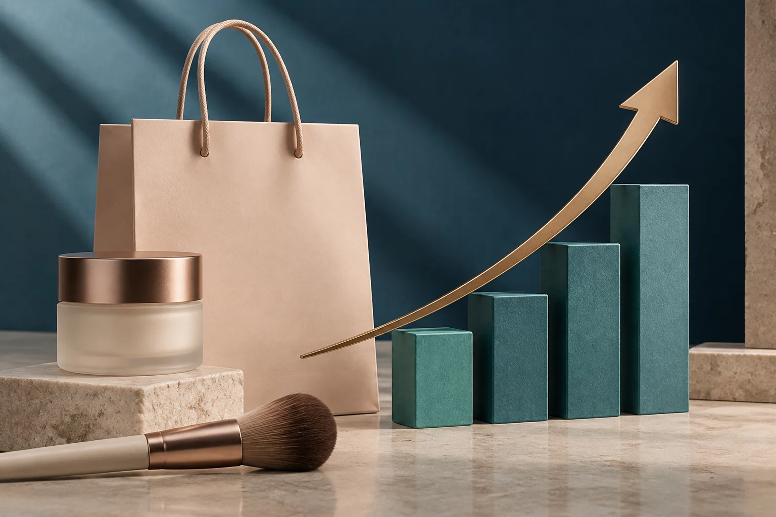 Un pot de cosmétique, un pinceau de maquillage et un sac de shopping sont placés près de quatre barres ascendantes et d’une flèche dorée dirigée vers le haut.