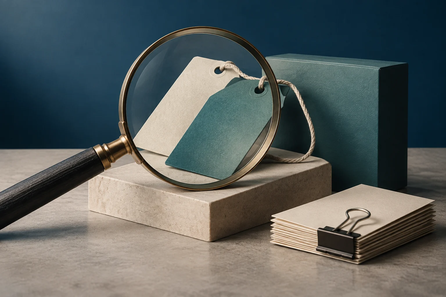 Une loupe au-dessus de deux étiquettes de prix vierges, près d’une boîte verte et d’une pile de feuilles maintenues par une pince.