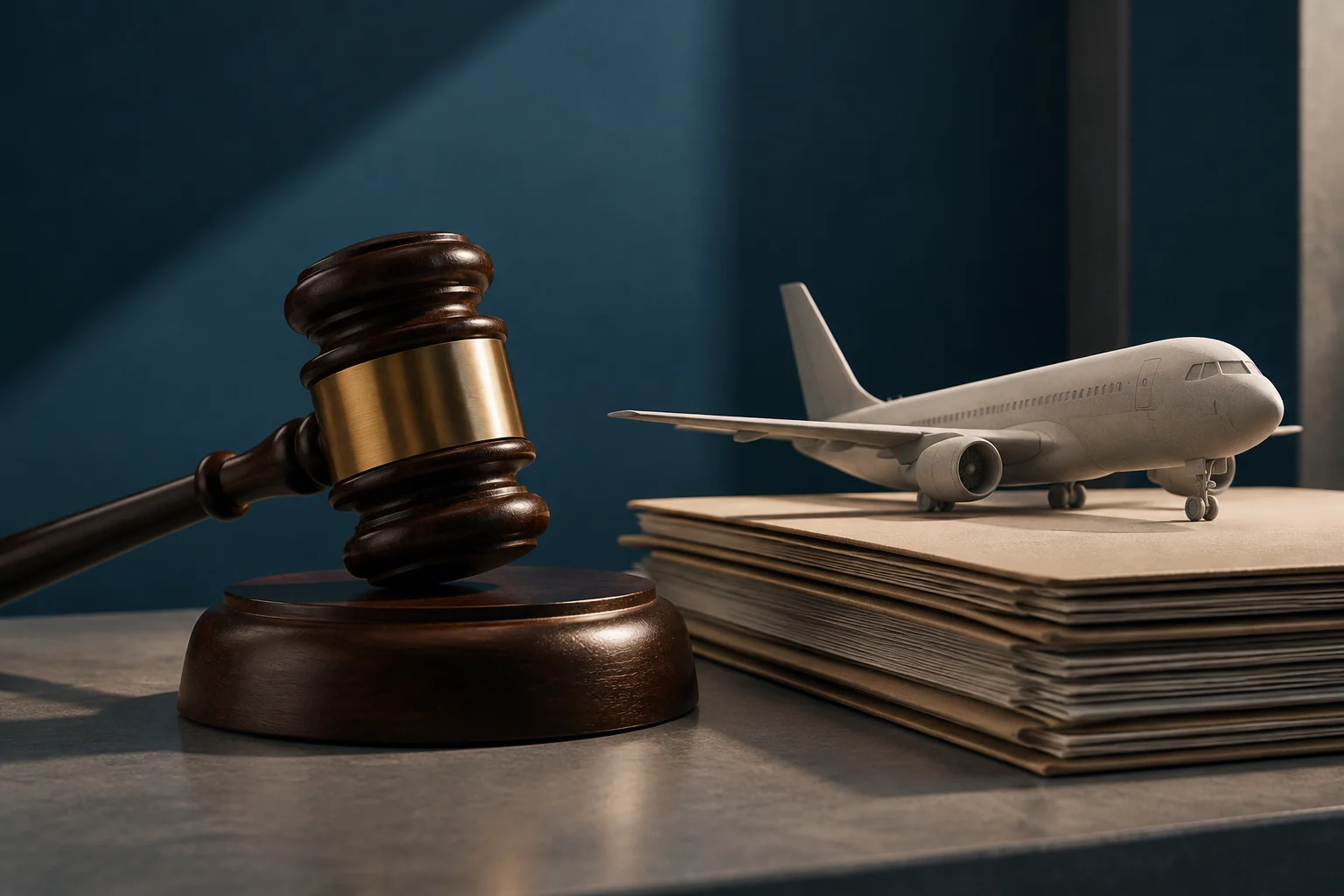 Un maillet de juge à côté d’un avion miniature posé sur une pile de documents.