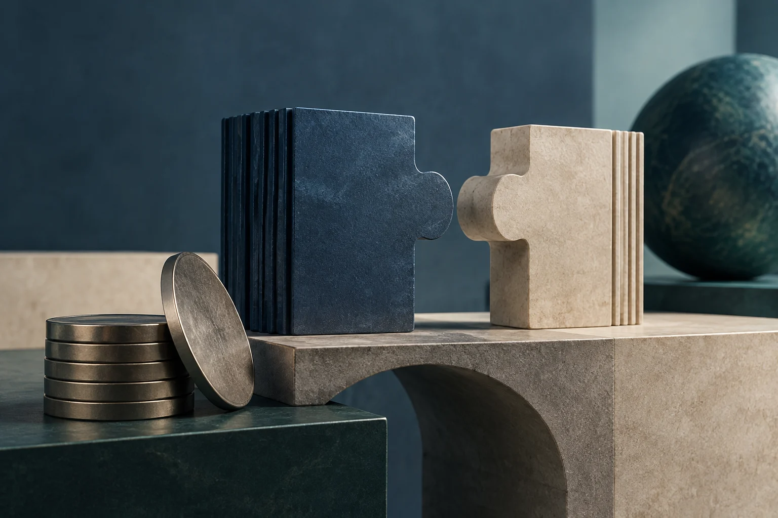 Deux grandes pièces de puzzle, l’une bleu foncé et l’autre beige, se font face sur des blocs de pierre. À côté, plusieurs pièces sont empilées et une autre repose sur la tranche ; un globe apparaît à l’arrière-plan.
