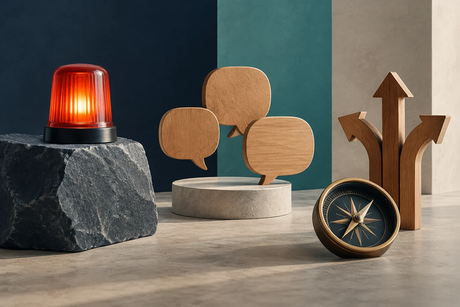 Un gyrophare rouge est posé sur un rocher sombre ; trois bulles de dialogue en bois flottent au centre, tandis qu’une boussole accompagne trois flèches en bois orientées dans des directions différentes.
