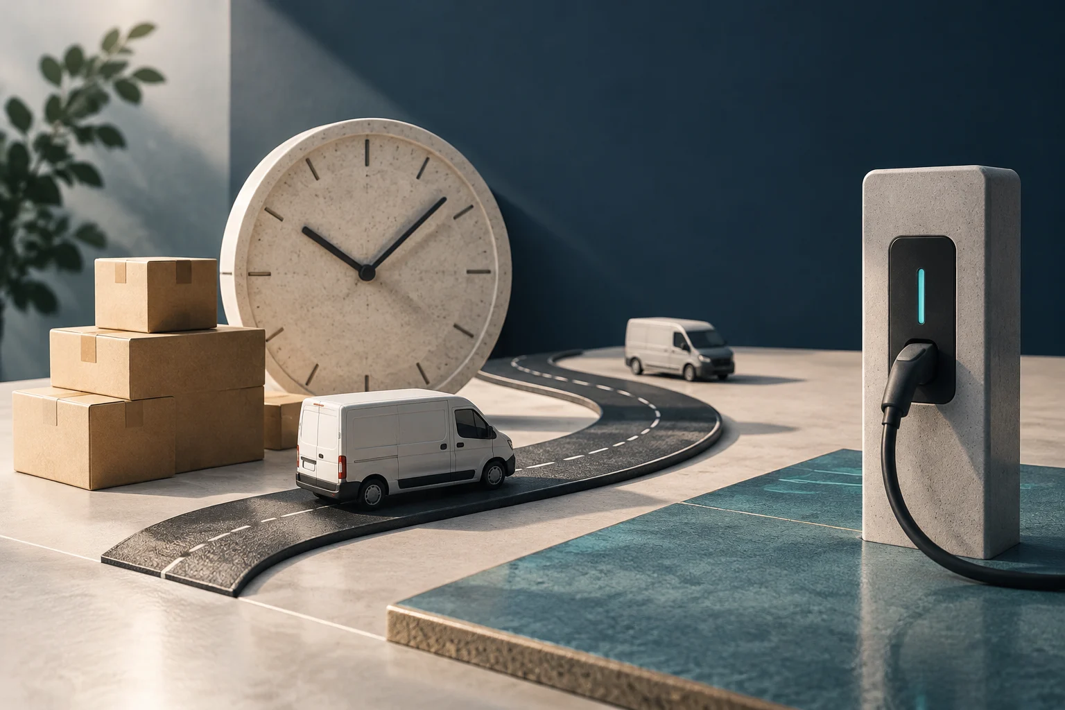 Illustration conceptuelle de deux fourgonnettes blanches sur une route sinueuse, près de colis, d’une grande horloge et d’une borne de recharge pour véhicules électriques.