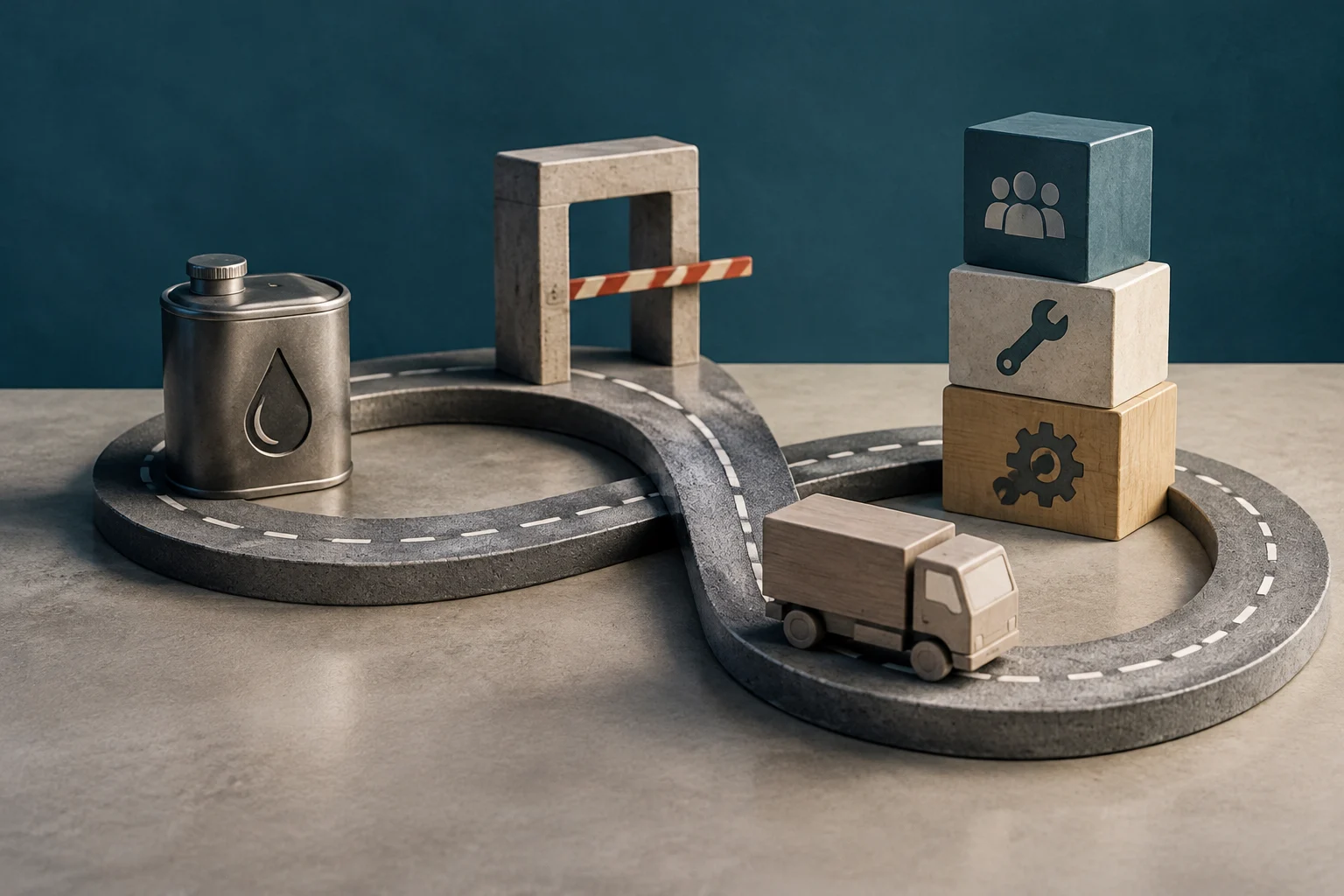 Un petit camion circule sur une route en boucle, près d’un récipient portant un symbole de carburant et d’une barrière de péage. À droite, des blocs empilés arborent des icônes de personnes, d’une clé et d’un engrenage.