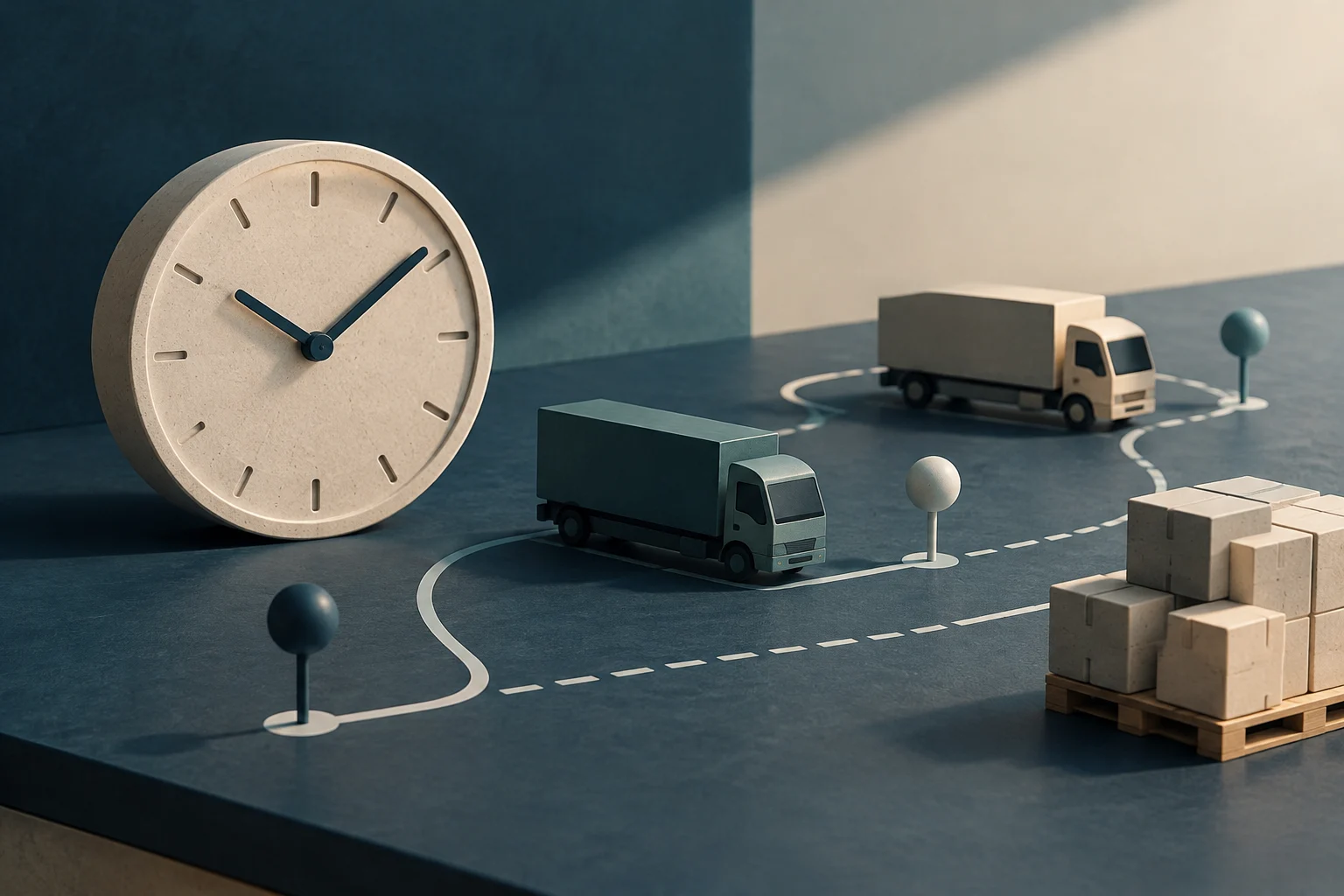 Illustration conceptuelle de deux camions suivant des itinéraires tracés sur une surface, près d’une grande horloge et de colis empilés sur une palette.
