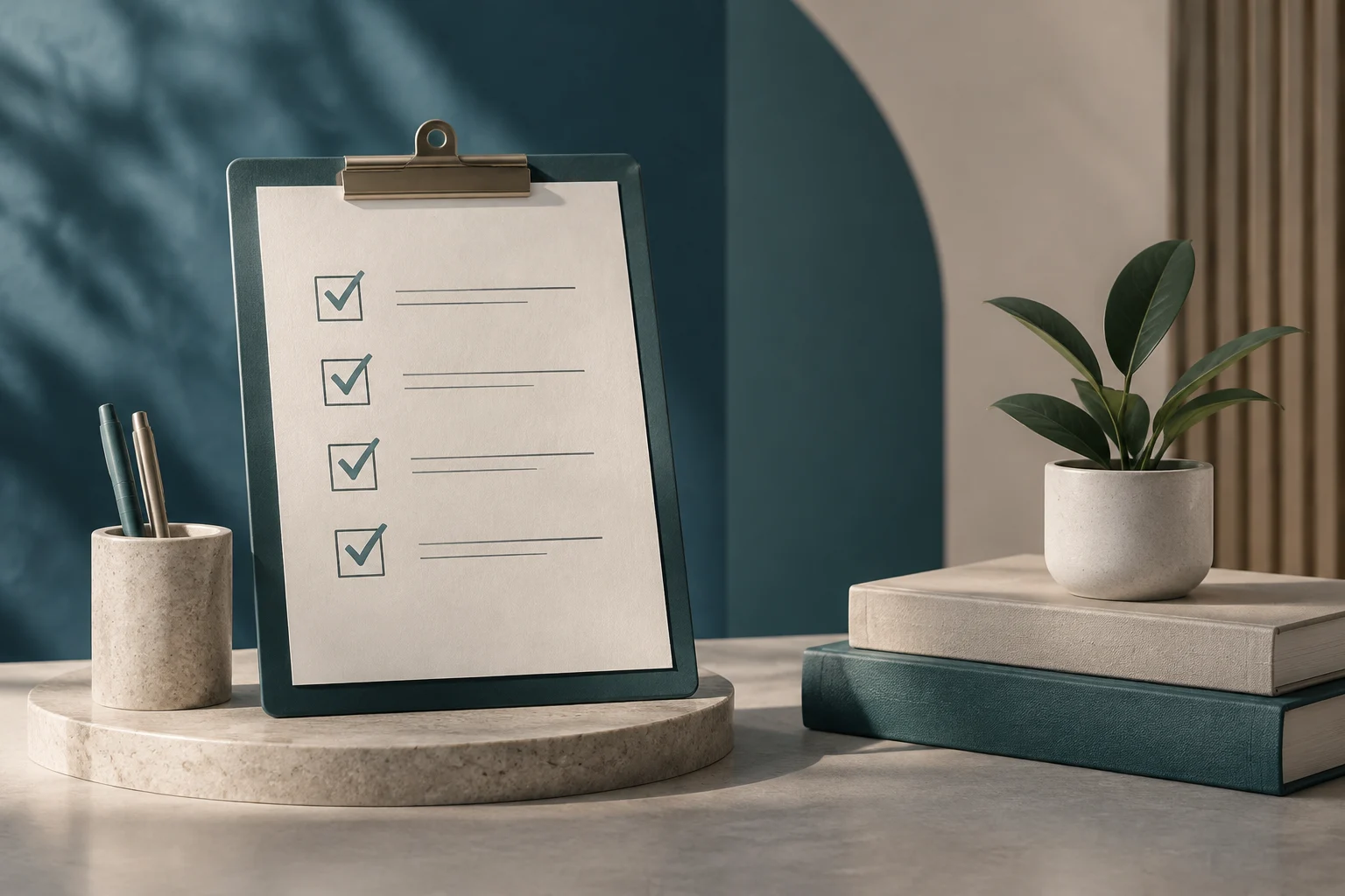 Porte-bloc avec quatre cases cochées et des lignes vierges, à côté de stylos, de livres et d’une plante en pot.