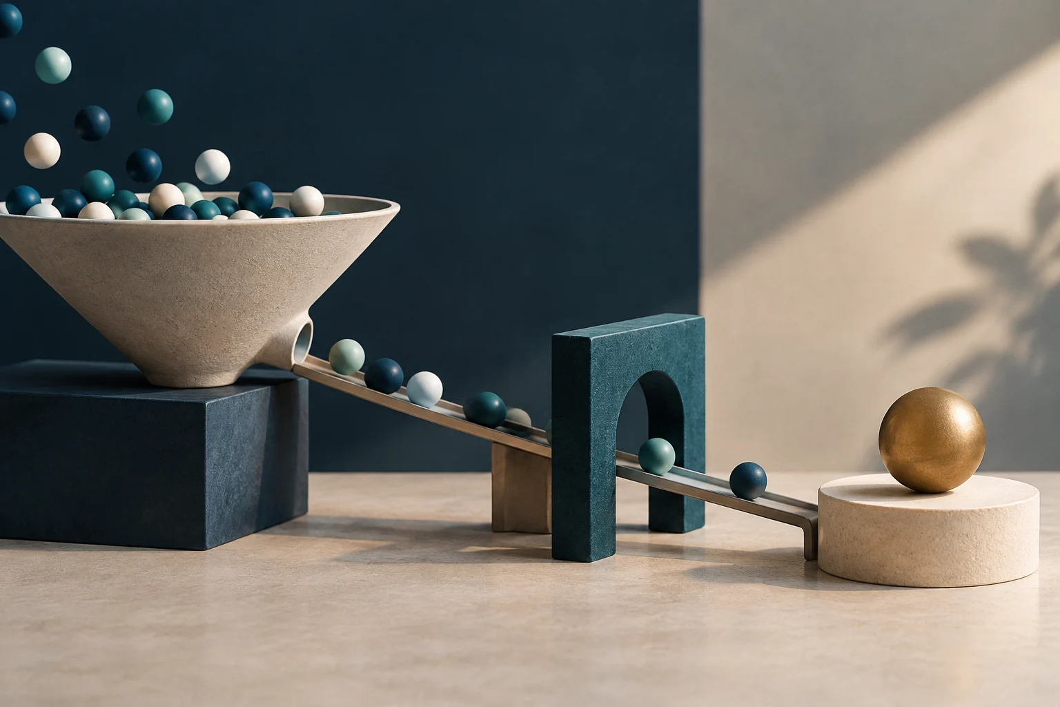 Un récipient conique rempli de boules de plusieurs couleurs en laisse tomber quelques-unes sur une rampe qui passe entre des blocs géométriques ; au bout, une sphère dorée repose sur un cylindre clair.
