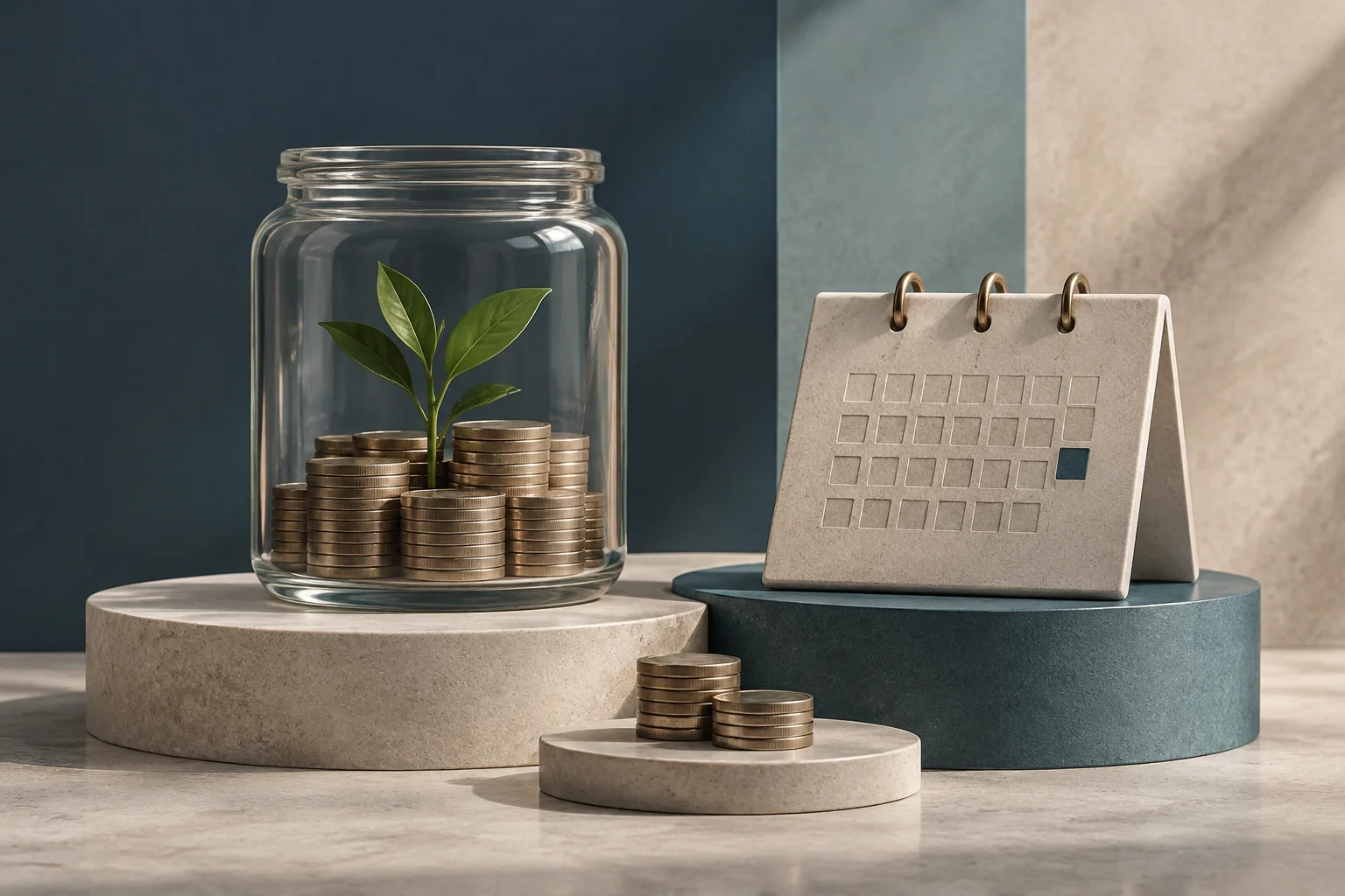 Un bocal en verre contient des piles de pièces et une petite pousse verte. À côté, un calendrier sans mots ni chiffres présente une case mise en évidence.