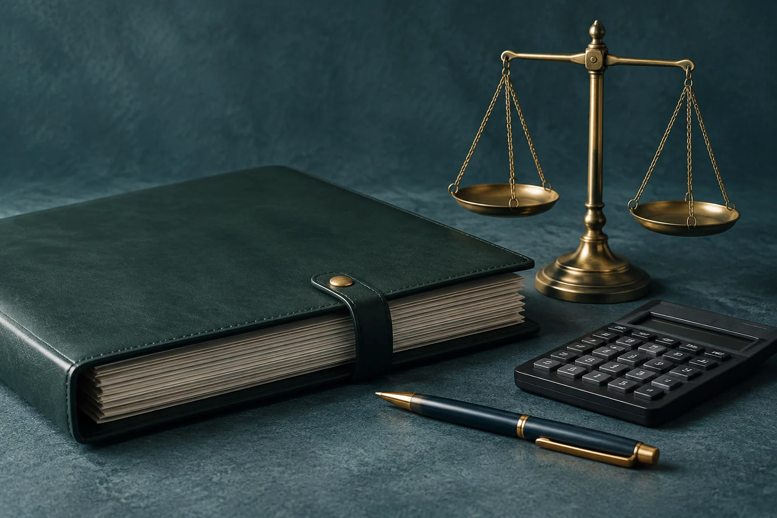 Un registre fermé, une calculatrice, un stylo et une balance sur une table sombre.
