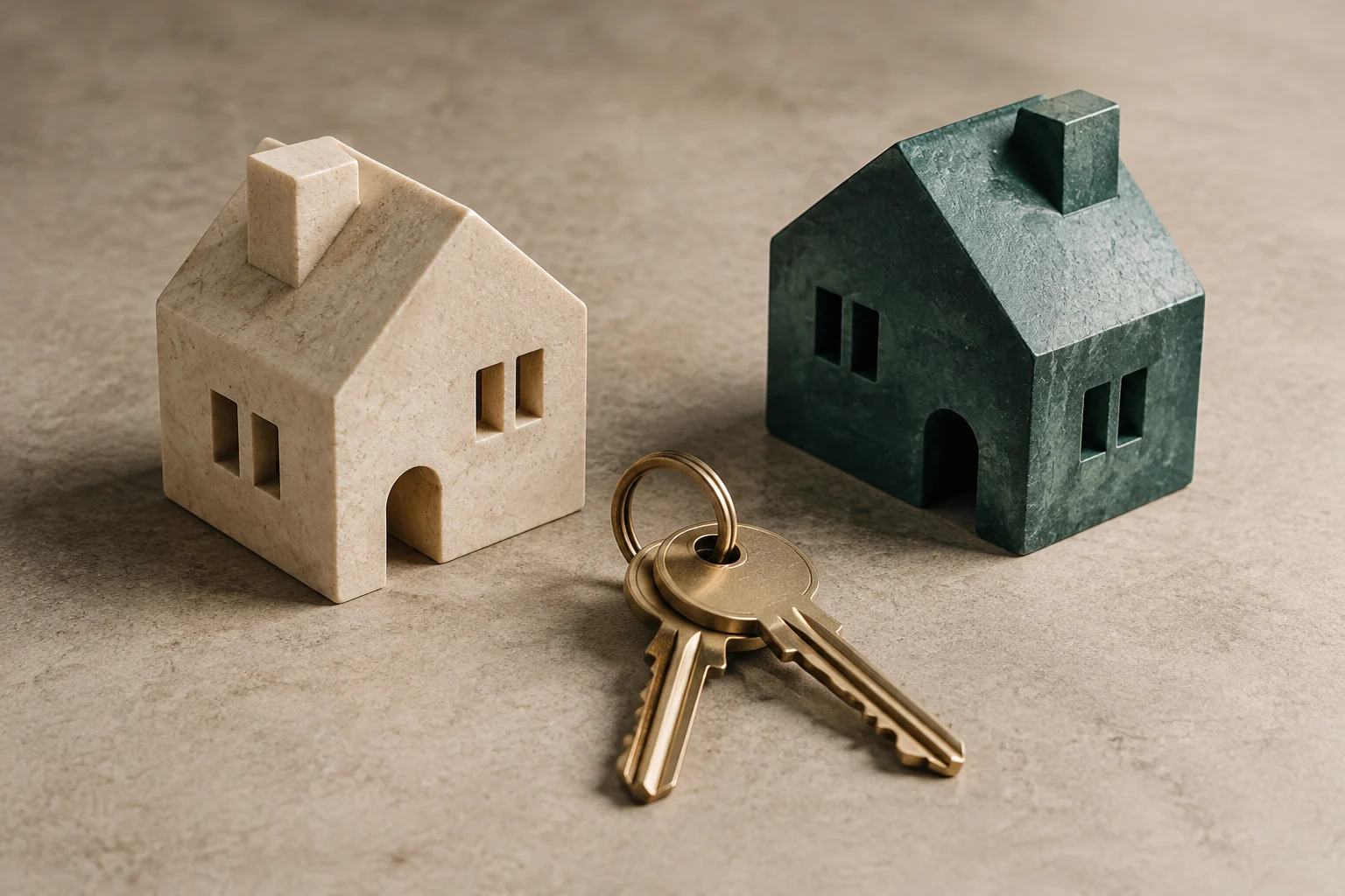 Deux petites maisons en pierre, l’une claire et l’autre vert foncé, sont posées à côté d’un trousseau de clés dorées sur une surface en pierre.