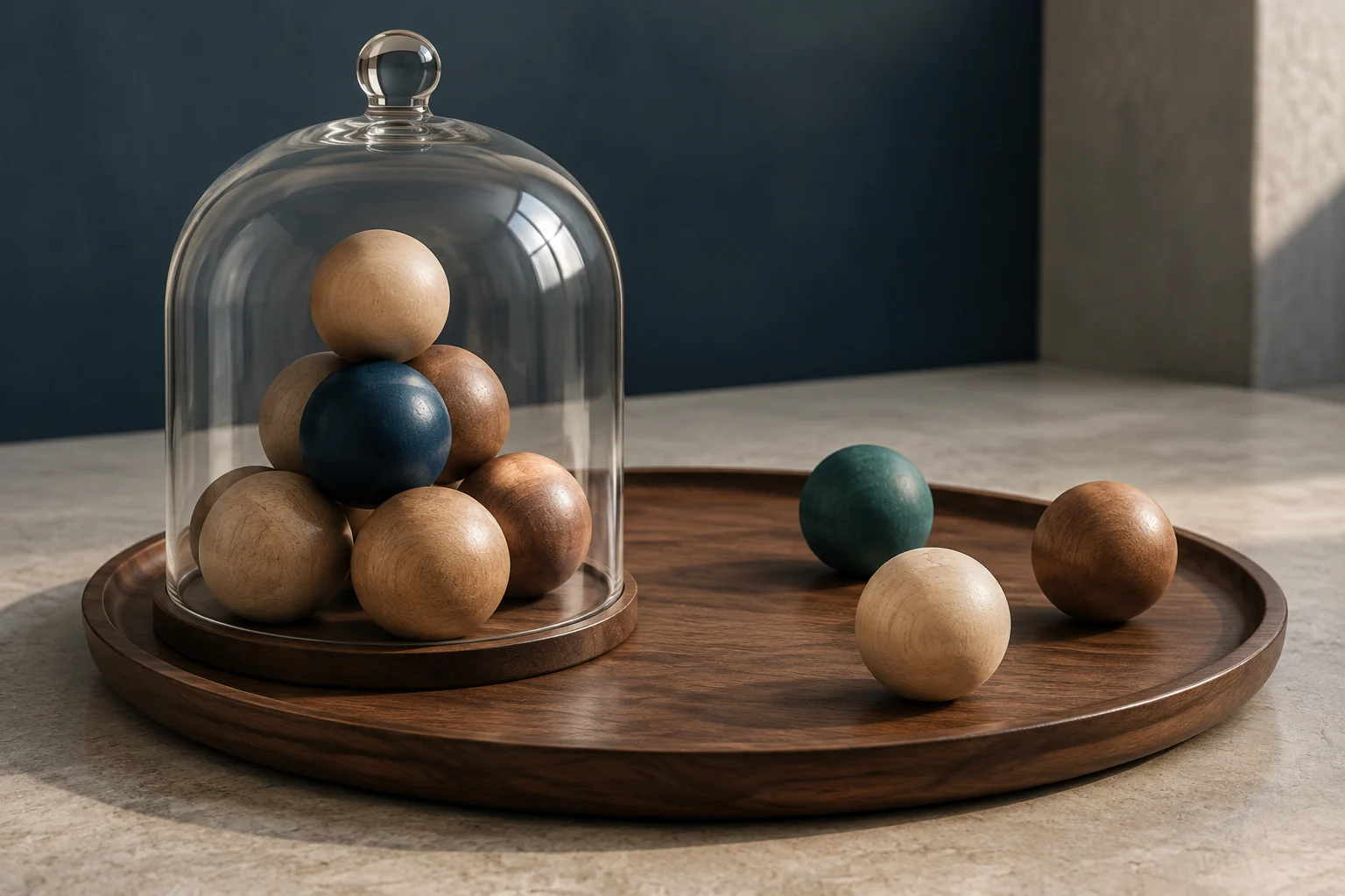 Plusieurs sphères en bois empilées sous une cloche en verre contrastent avec trois sphères séparées sur un plateau ovale.