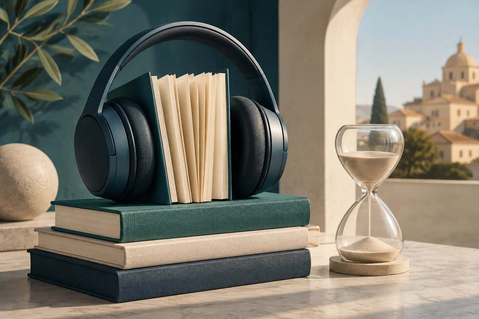 Un casque noir entoure un livre ouvert posé sur une pile de livres ; un sablier se trouve à côté, devant une fenêtre.
