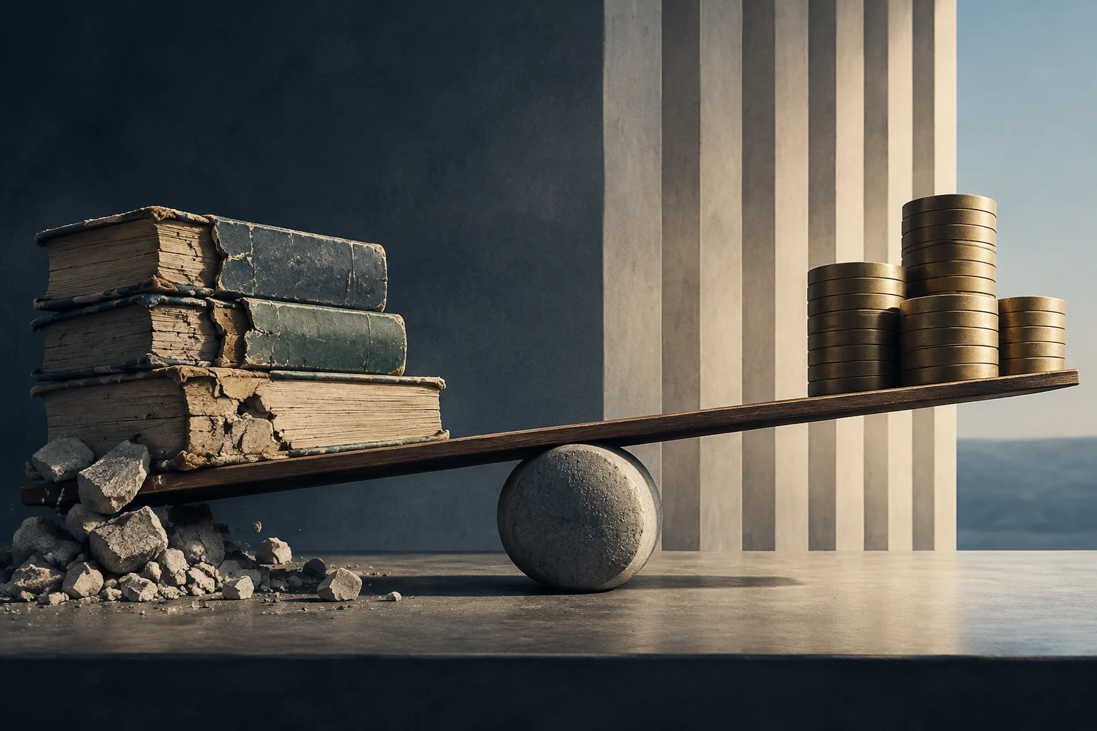 De vieux livres abîmés et des décombres occupent une extrémité d’une balance ; des piles de pièces se trouvent à l’autre. La balance repose sur une sphère de pierre.