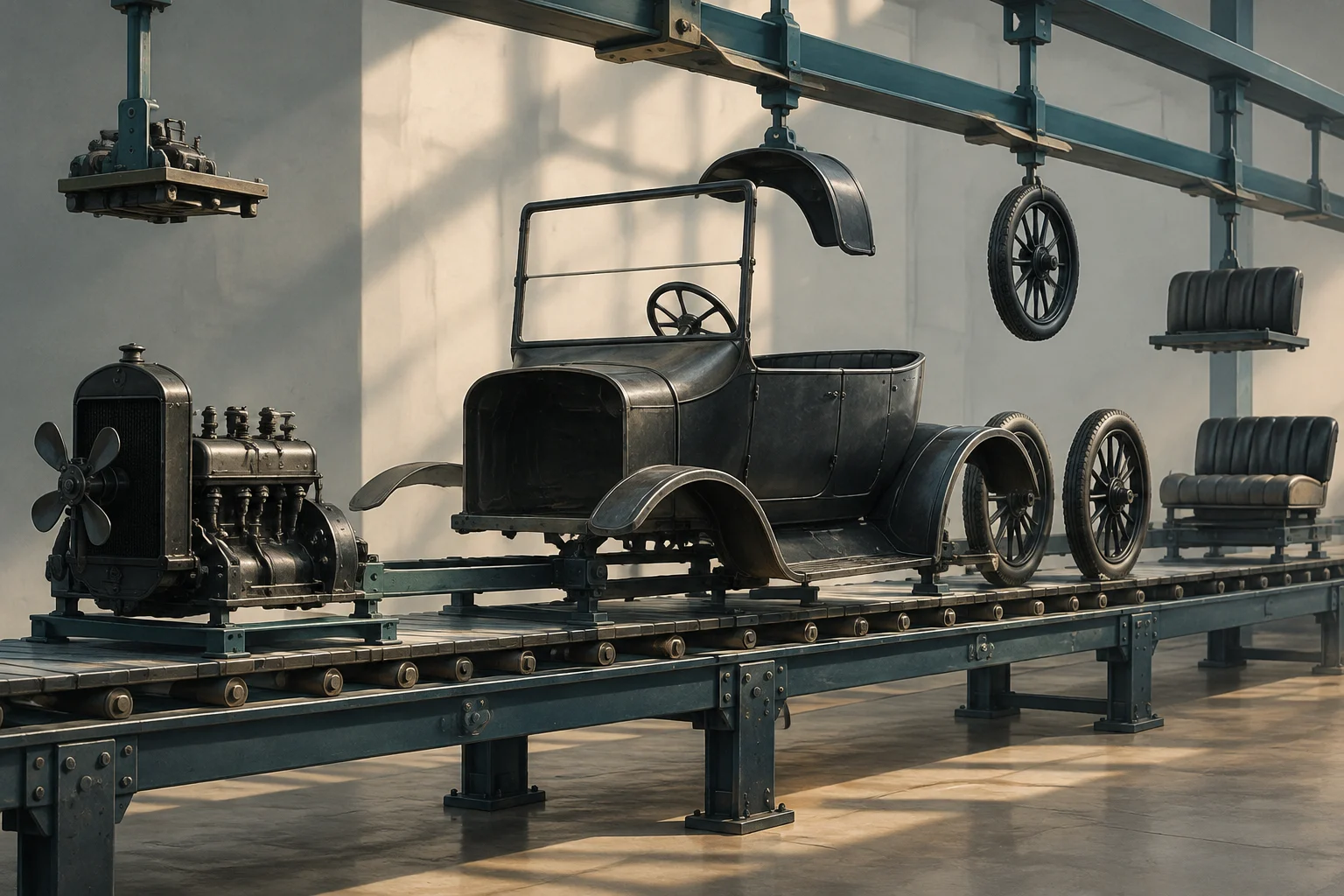 Une voiture ancienne partiellement assemblée sur une chaîne de montage, avec des roues, des sièges et d’autres pièces posés sur des plateformes et des supports voisins.