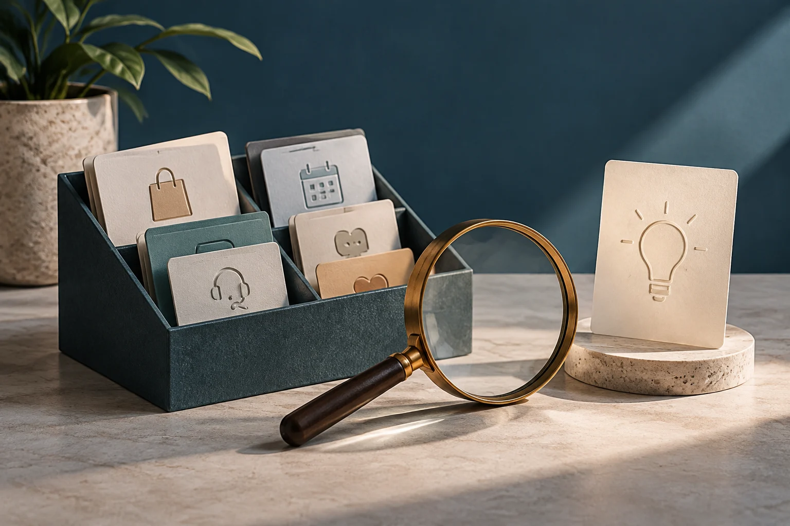 Une loupe se trouve devant une carte ornée en relief d’une ampoule ; derrière, plusieurs cartes avec des icônes d’achat, de calendrier, de service client et de cœur sont rangées dans un bac.