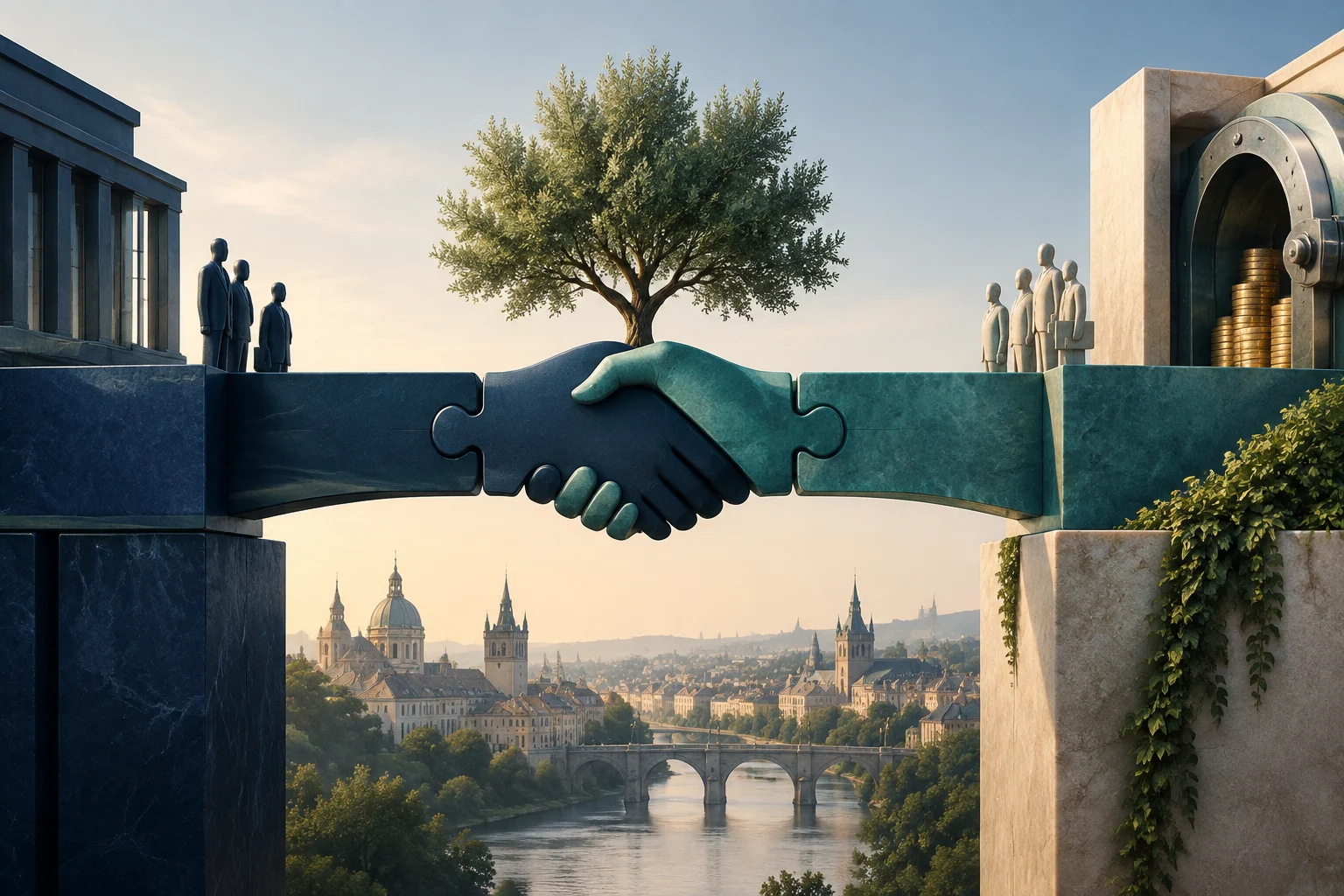 Deux grandes structures se serrent la main au-dessus d’une ville européenne ; à droite, un coffre-fort ouvert contient des piles de pièces, près de petites silhouettes.