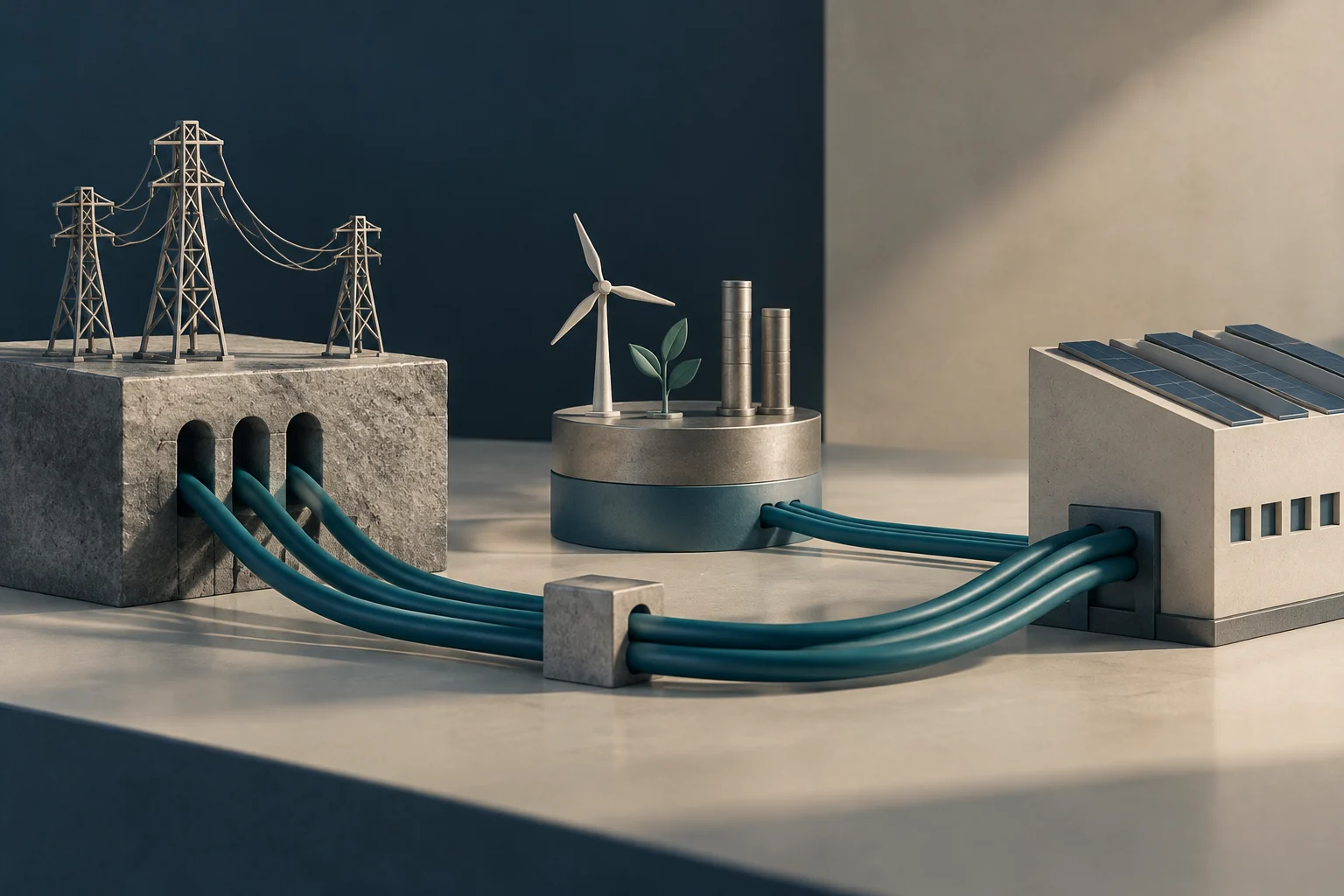 Illustration conceptuelle de pylônes et de câbles reliant une installation électrique à des panneaux solaires et à une éolienne.