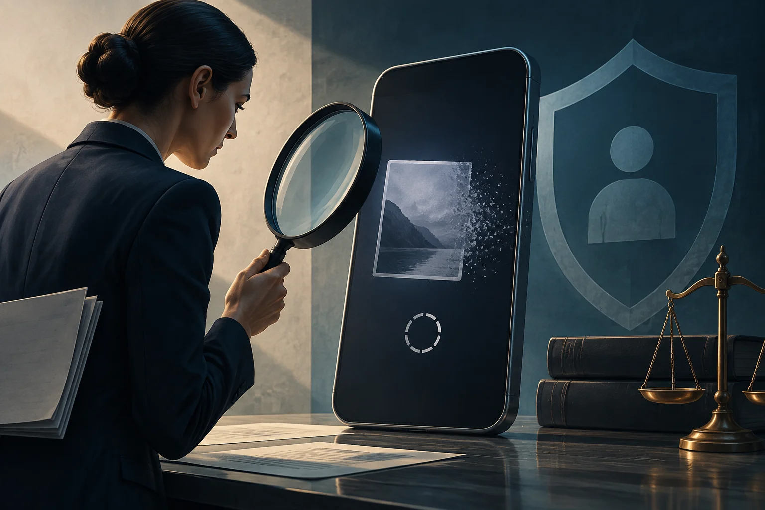 Illustration d’une femme qui examine à la loupe un téléphone affichant une photo qui s’efface ; un bouclier, des livres et une balance de justice se trouvent à côté.