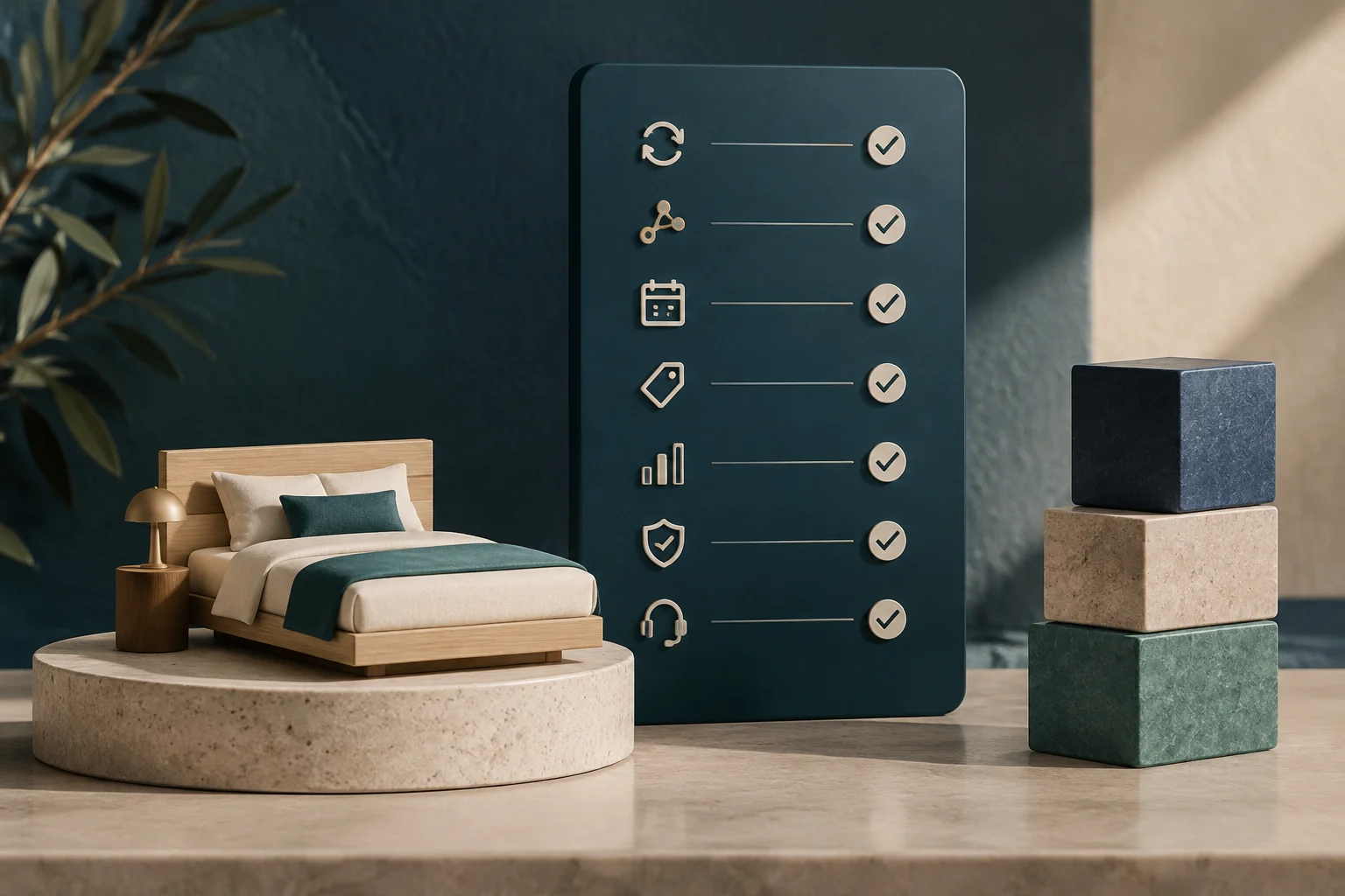 Un lit en bois avec du linge clair et bleu sarcelle, à côté d’un panneau sombre présentant des icônes de synchronisation, de canaux, de calendrier, de tarifs, de rapports, de sécurité et d’assistance, chacune accompagnée d’une coche.