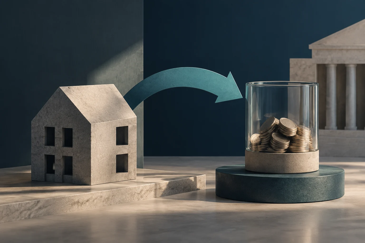 Une maison en pierre et un récipient en verre rempli de pièces sont reliés par une flèche courbe ; un bâtiment à colonnes apparaît à l’arrière-plan.