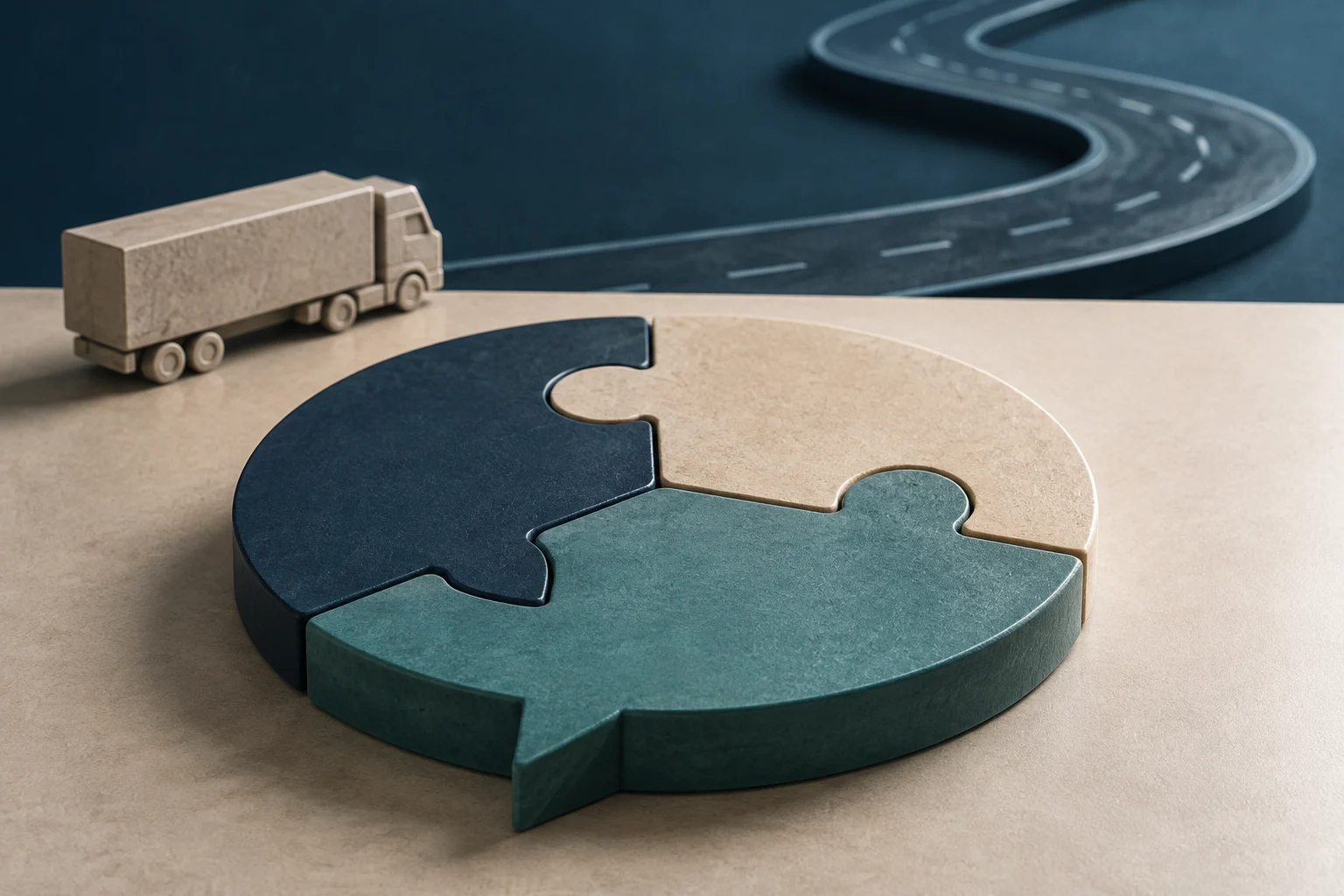 Un petit camion près d’une route sinueuse et d’un puzzle circulaire de trois pièces beige, bleu foncé et vert bleuté.