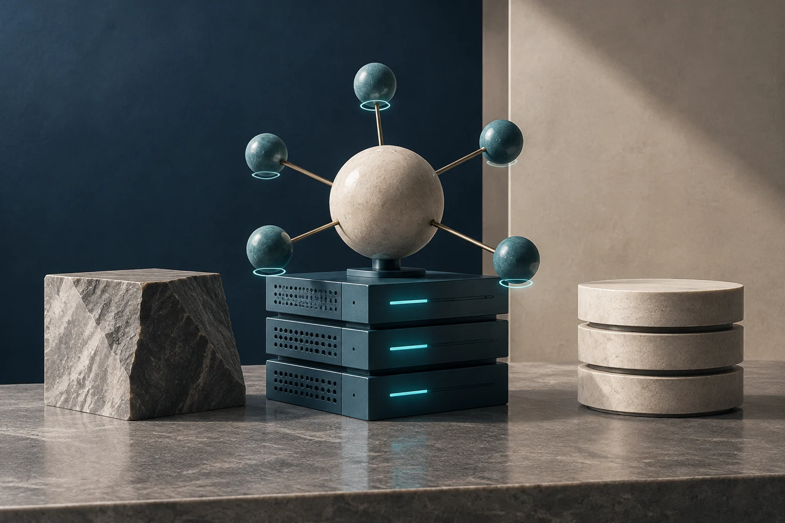 Illustration conceptuelle d’un dispositif informatique composé de trois modules empilés, avec une sphère centrale reliée par des tiges à cinq nœuds sphériques ; il repose sur une surface en pierre entre deux blocs décoratifs.