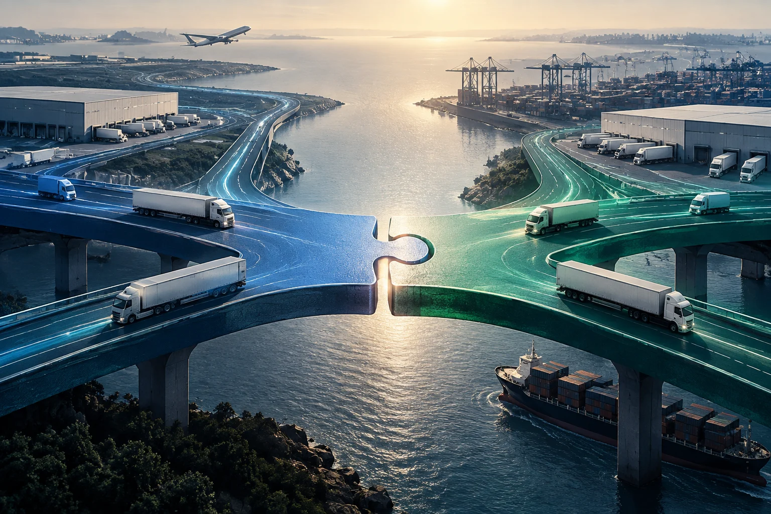 Deux grandes voies surélevées, l’une bleue et l’autre verte, s’emboîtent comme des pièces de puzzle au-dessus d’un cours d’eau. Des camions y circulent ; des entrepôts, des grues portuaires et un avion apparaissent à l’arrière-plan, tandis qu’un cargo passe en dessous.
