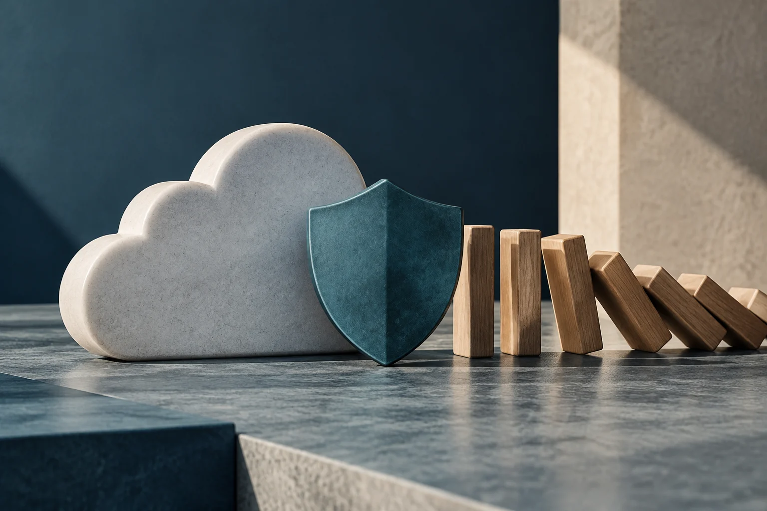 Un nuage en pierre claire avec un bouclier bleu foncé devant, à côté d’une rangée de blocs de bois, dont certains sont inclinés comme des dominos.