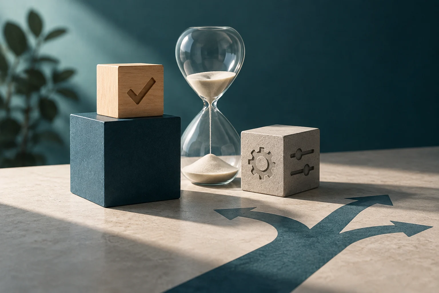 Illustration conceptuelle sur une table avec une horloge de sable, un cube en bois avec une coche, un cube en pierre avec des engrenages et des curseurs, et des flèches indiquant différents chemins de décision.
