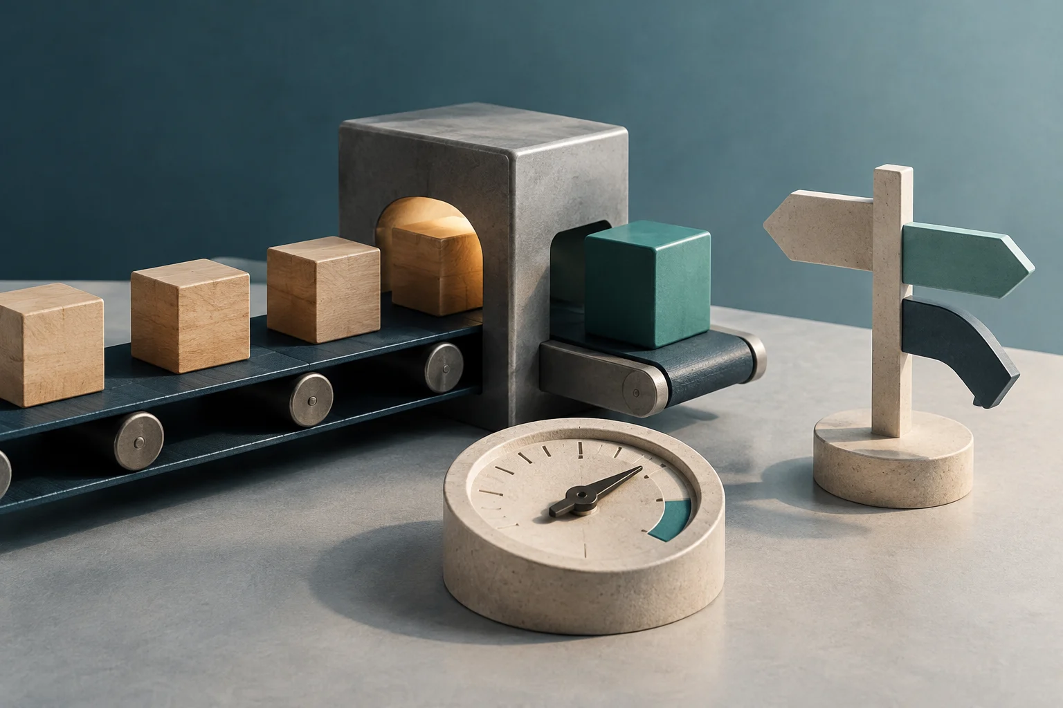 Illustration conceptuelle de cubes en bois sur un tapis roulant passant à travers une structure métallique, accompagnée d'un jauge circulaire et d'un panneau de signalisation directionnel en bois.