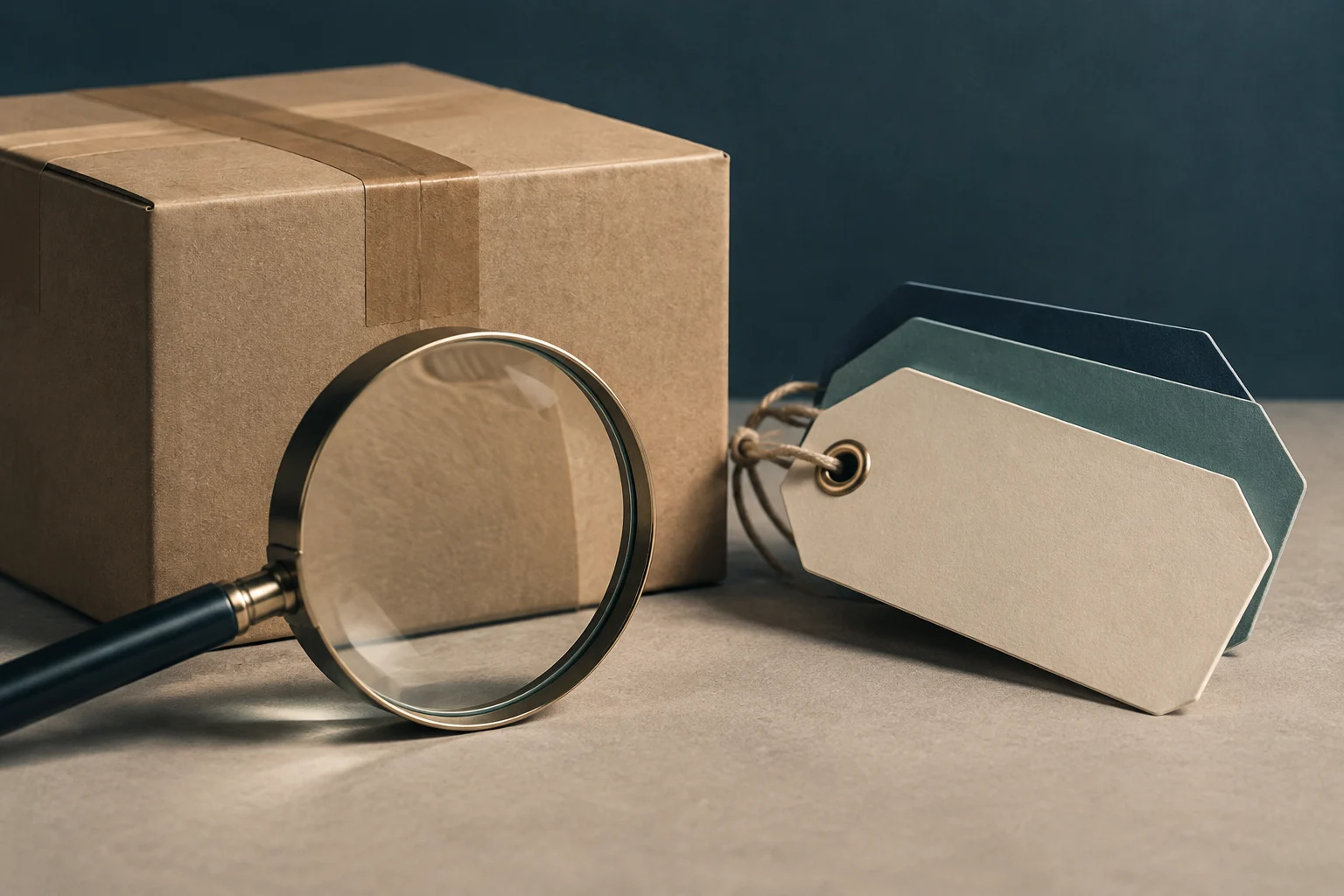 Une loupe est posée devant une boîte en carton fermée et plusieurs étiquettes vierges suspendues, sur une surface lisse.