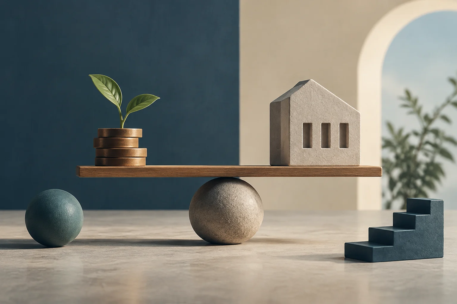Une poutre en bois en équilibre porte une pile de pièces surmontée d’une petite pousse verte à une extrémité et une forme de maison en pierre à l’autre. Une sphère soutient la poutre, près d’une boule bleue et d’un bloc en escalier.