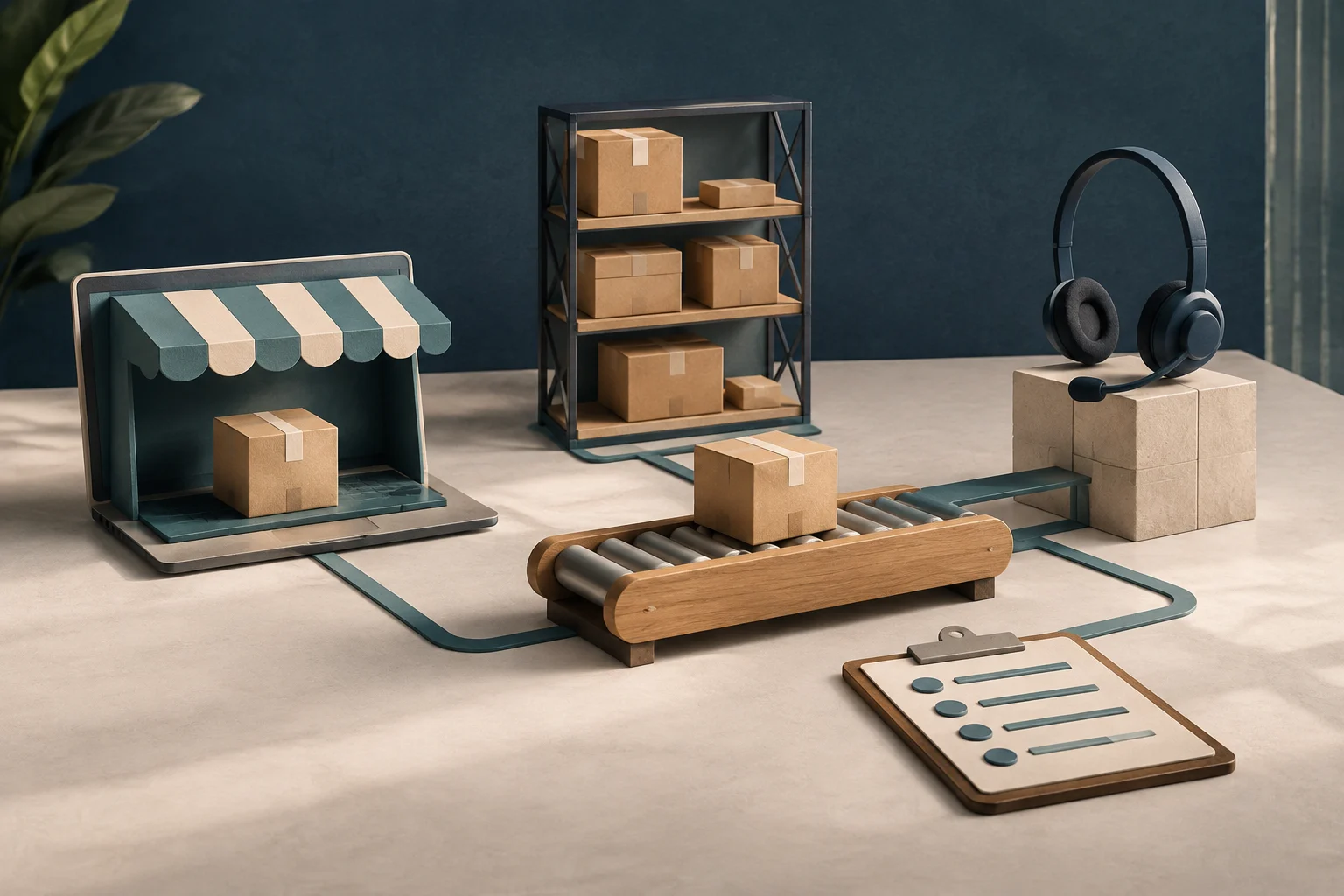 Illustration conceptuelle d'un flux de travail e-commerce sur une table, montrant une boutique sur une tablette, des cartons sur une étagère, un tapis roulant et un casque de service client reliés par des lignes.