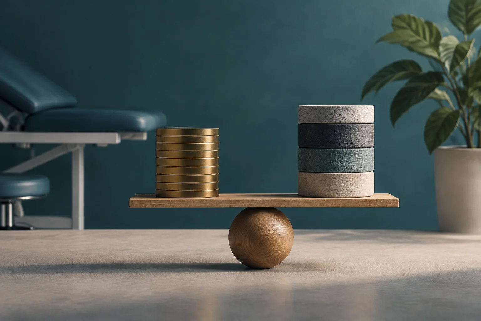 Une balance en bois porte une pile de pièces dorées d’un côté et plusieurs blocs de pierre de l’autre, dans une pièce à l’allure clinique.
