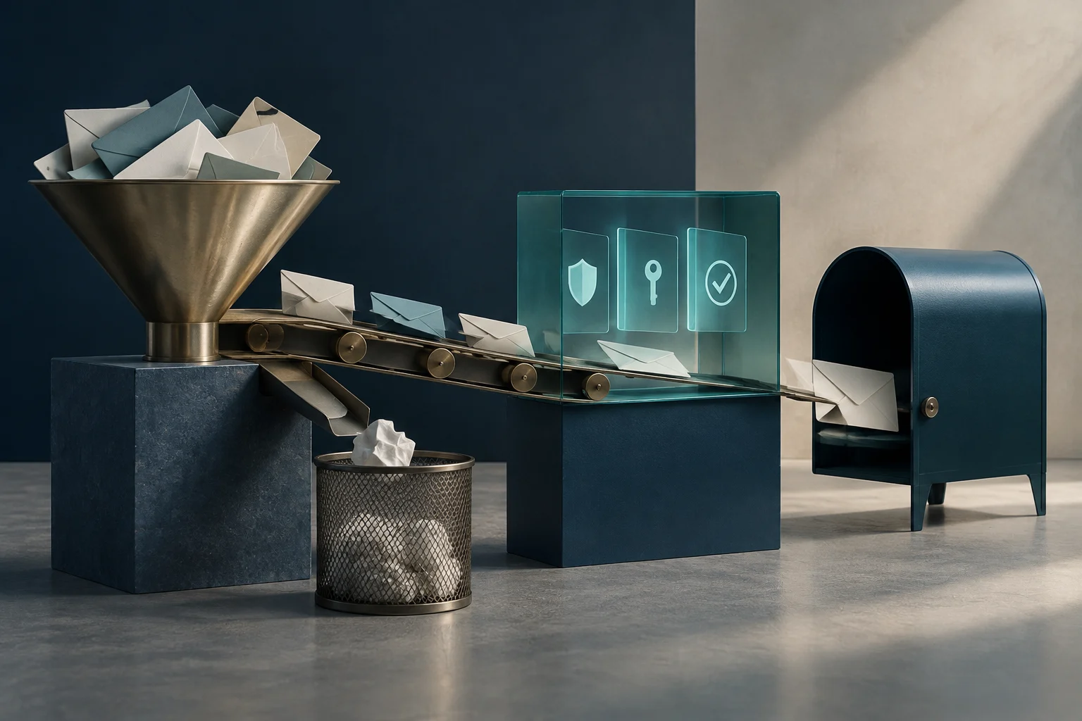 Illustration conceptuelle d'un entonnoir métallique versant des enveloppes sur un tapis roulant. Un mécanisme dévie des enveloppes froissées vers une poubelle, tandis que d'autres passent par une boîte en verre avec des icônes de sécurité (bouclier, clé, coche) avant d'entrer dans une boîte aux lettres bleue.