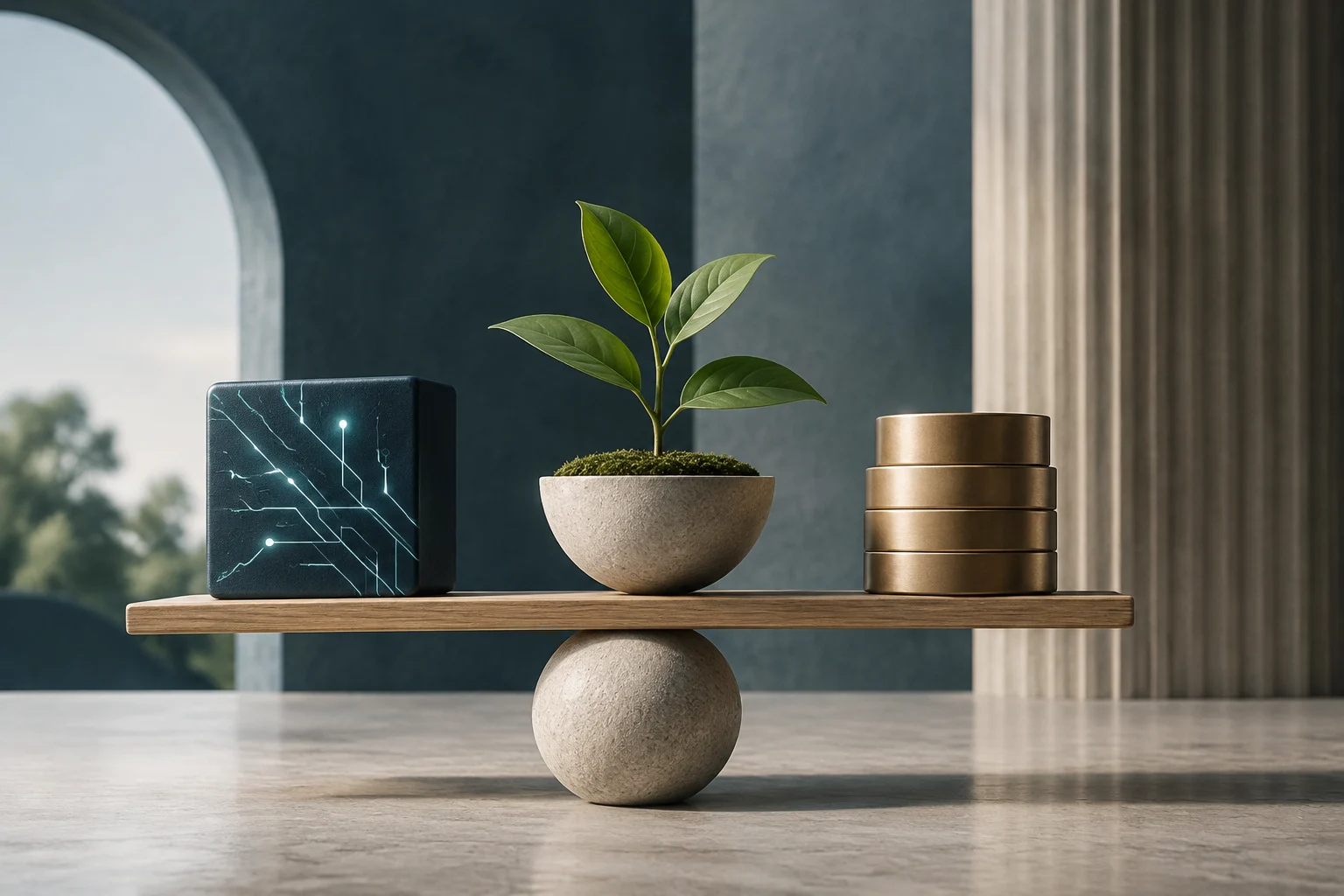 Illustration conceptuelle d'un cube avec des circuits, d'une plante en pot et de pièces empilées équilibrées sur une planche de bois.