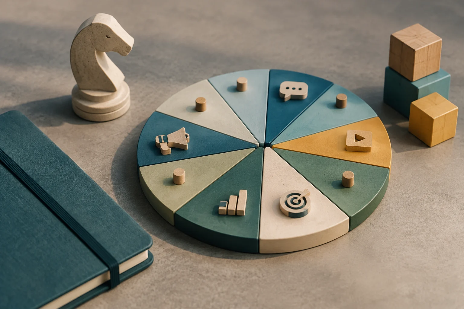 Illustration conceptuelle de planification stratégique sur une surface en béton. Au centre, un plateau circulaire en bois divisé en segments colorés avec des icônes de marketing (mégaphone, chat, graphique, cible). À gauche, un cavalier d'échecs en bois et un carnet à couverture rigide. À droite, des cubes en bois empilés.