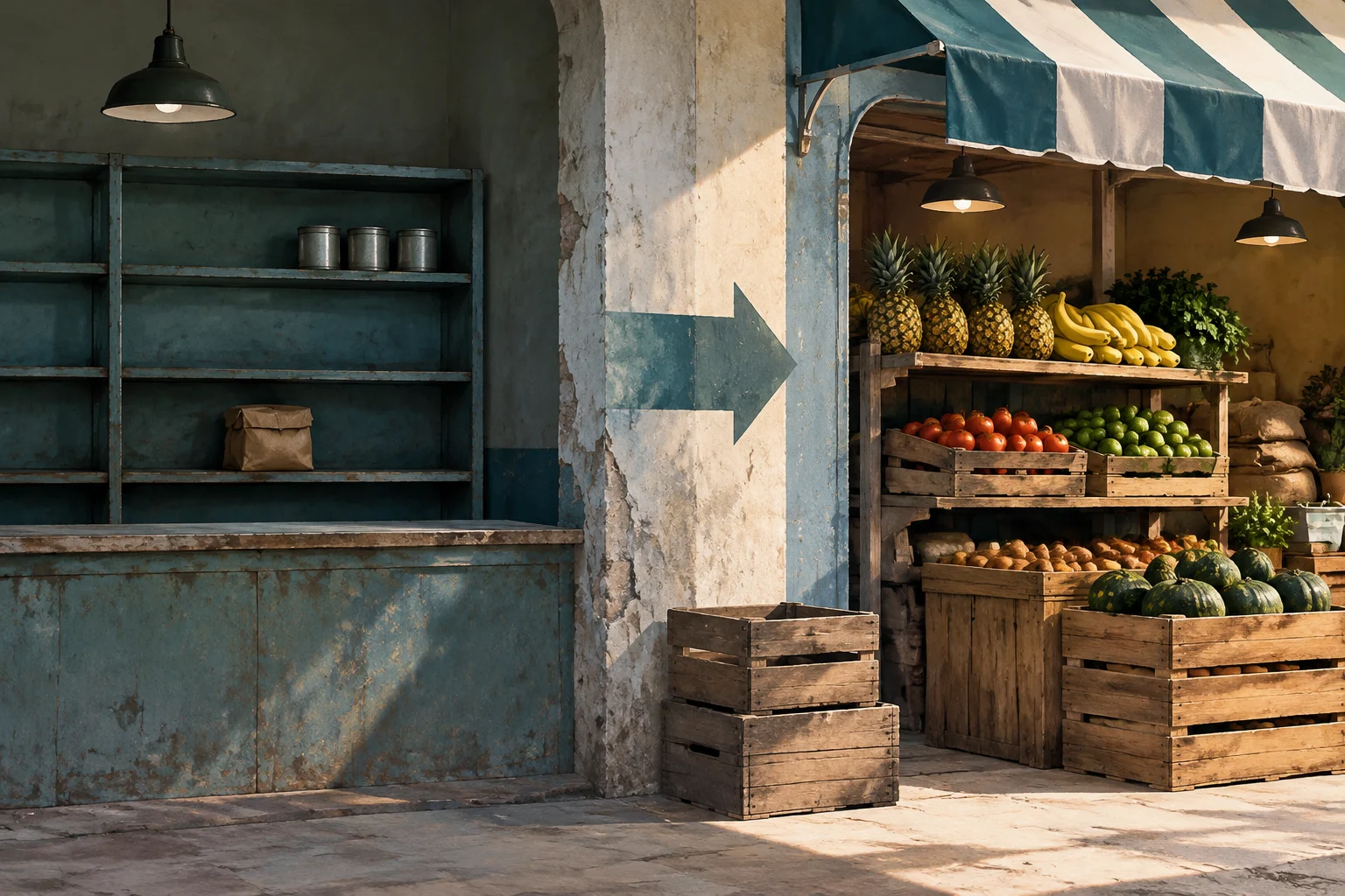 Illustration conceptuelle montrant la transformation d'une boutique vide avec des étagères bleues en un marché de quartier approvisionné en fruits et légumes dans des caisses en bois, reliés par une flèche peinte sur le mur.