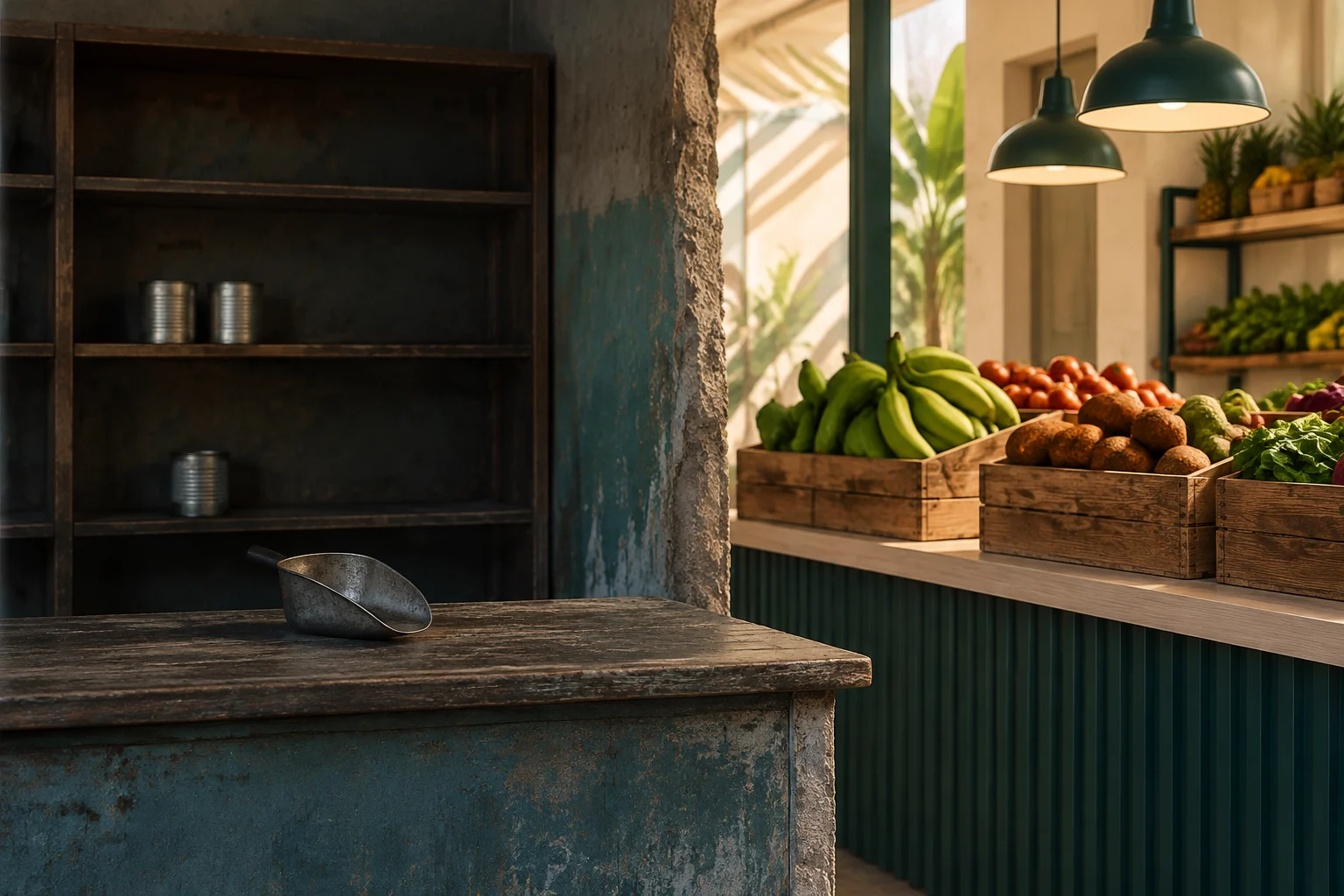 Illustration conceptuelle contrastant un comptoir de magasin vide et usé avec une section de marché remplie de fruits et légumes frais dans des caisses en bois.