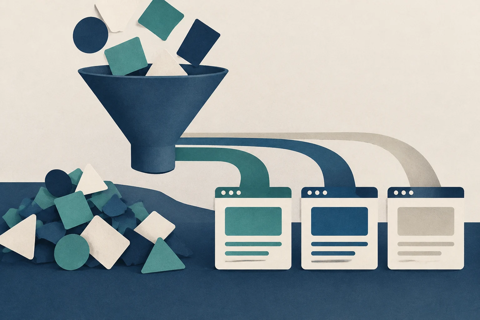Illustration conceptuelle d'un entonnoir bleu qui filtre des formes géométriques colorées vers trois fenêtres de navigateur web, représentant l'organisation du contenu.