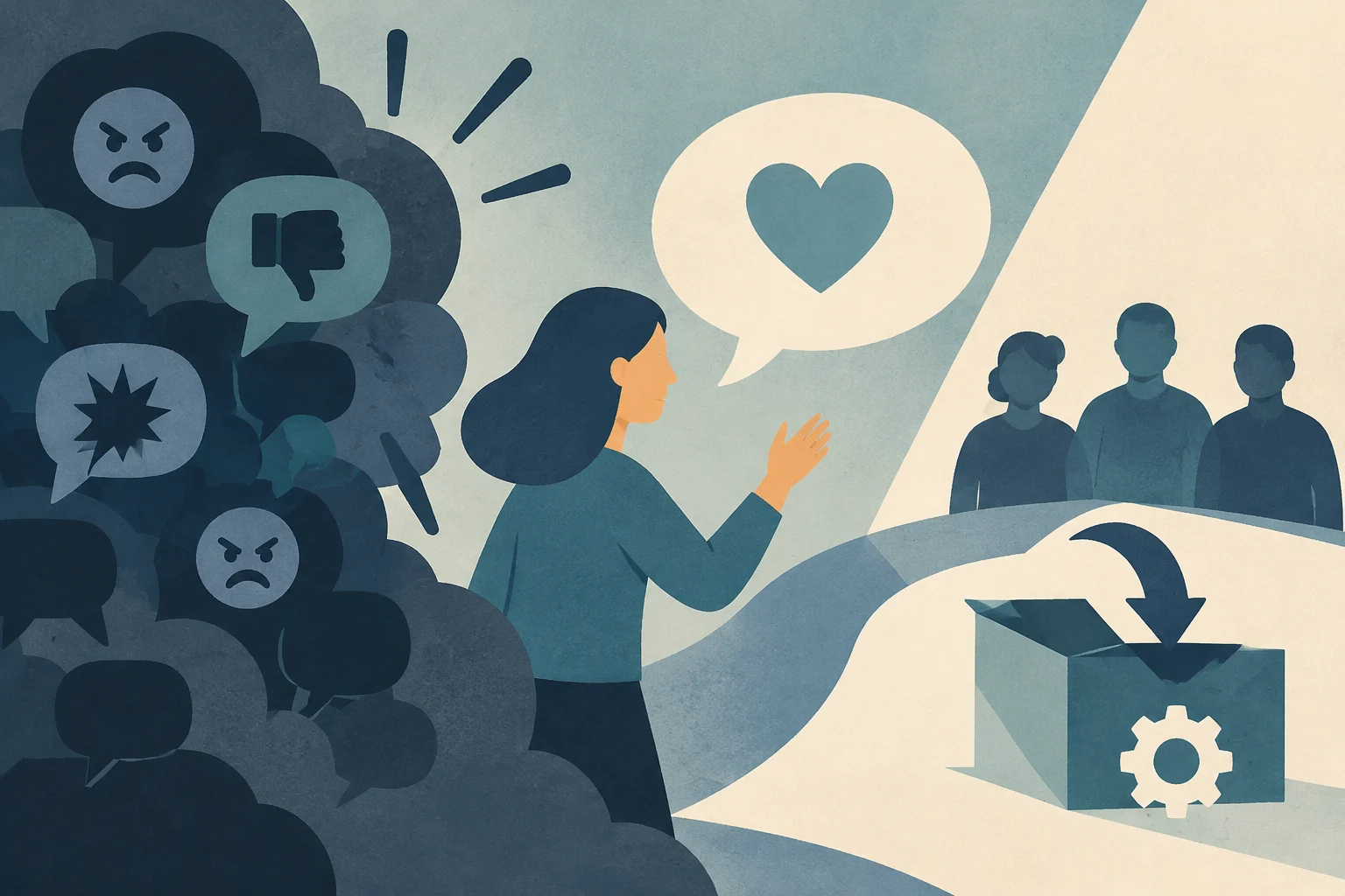 Illustration conceptuelle montrant une figure centrale gesticulant une bulle de dialogue avec un cœur, séparant un nuage de messages négatifs et de visages furieux d'un groupe de personnes et d'une boîte avec un engrenage.