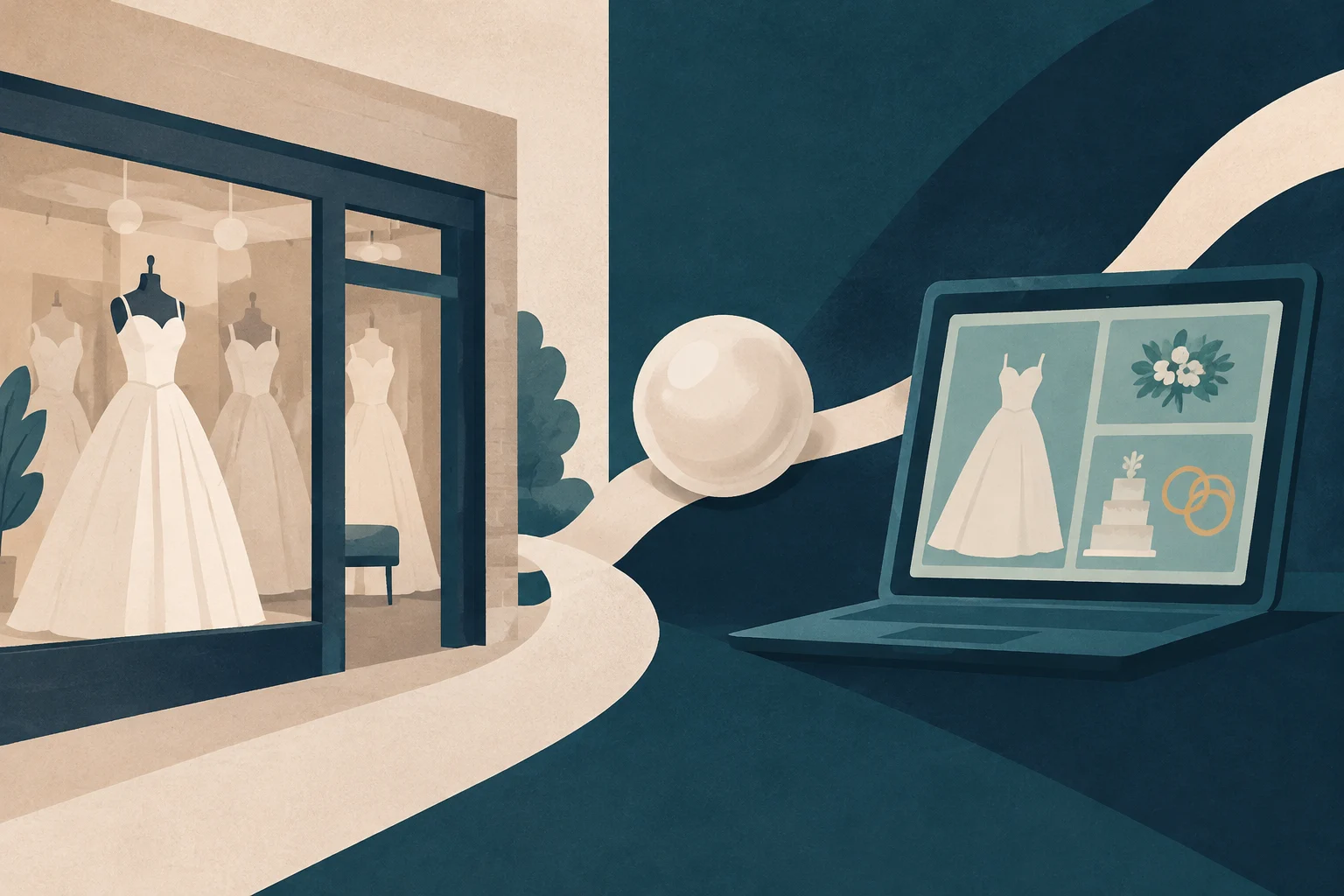 Illustration conceptuelle montrant une boutique de robes de mariée à gauche et un ordinateur portable avec une interface de planification de mariage à droite, reliés par une sphère blanche sur un chemin sinueux.