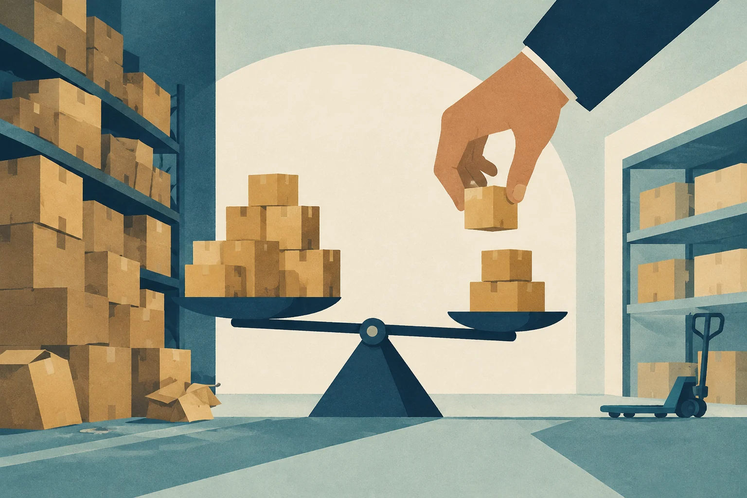 Illustration conceptuelle d'une balance dans un entrepôt, où une main place une boîte pour équilibrer le poids du stock.