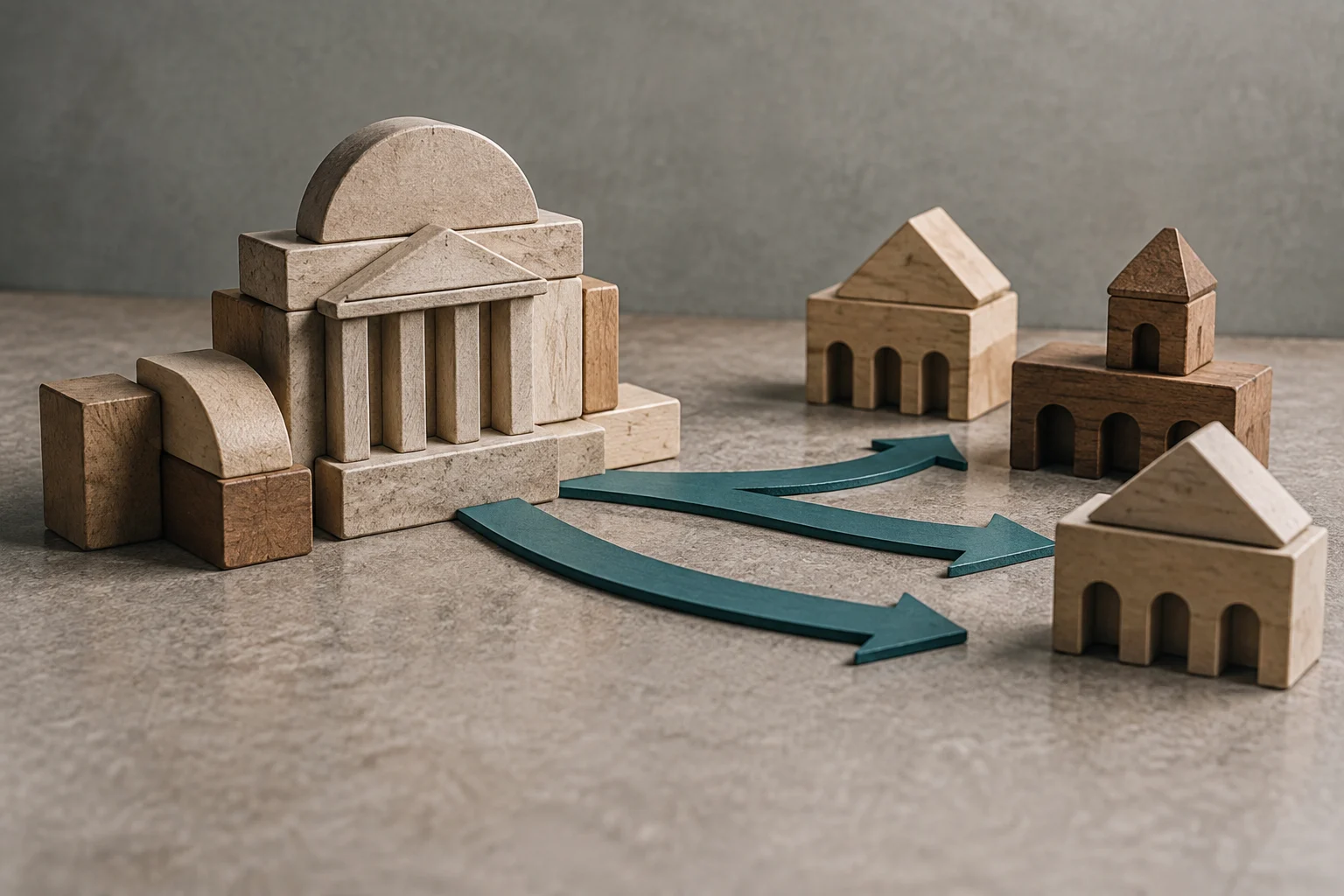 Un grand bâtiment institutionnel en blocs de pierre est relié par des flèches vert canard à plusieurs bâtiments plus petits, eux aussi construits en blocs.