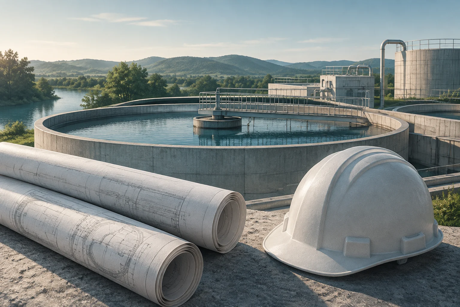 Illustrazione di un impianto di trattamento delle acque con una grande vasca circolare, tubi in cemento e un casco da cantiere in primo piano; sullo sfondo si vedono un fiume e delle colline.