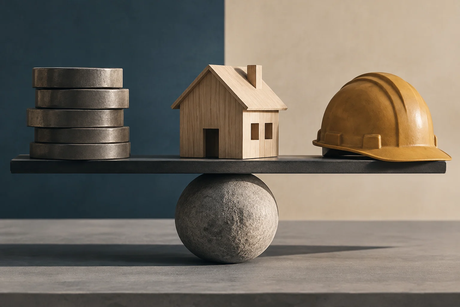 Una casetta di legno, una pila di monete e un casco da cantiere poggiano su una barra in equilibrio su una sfera di pietra.