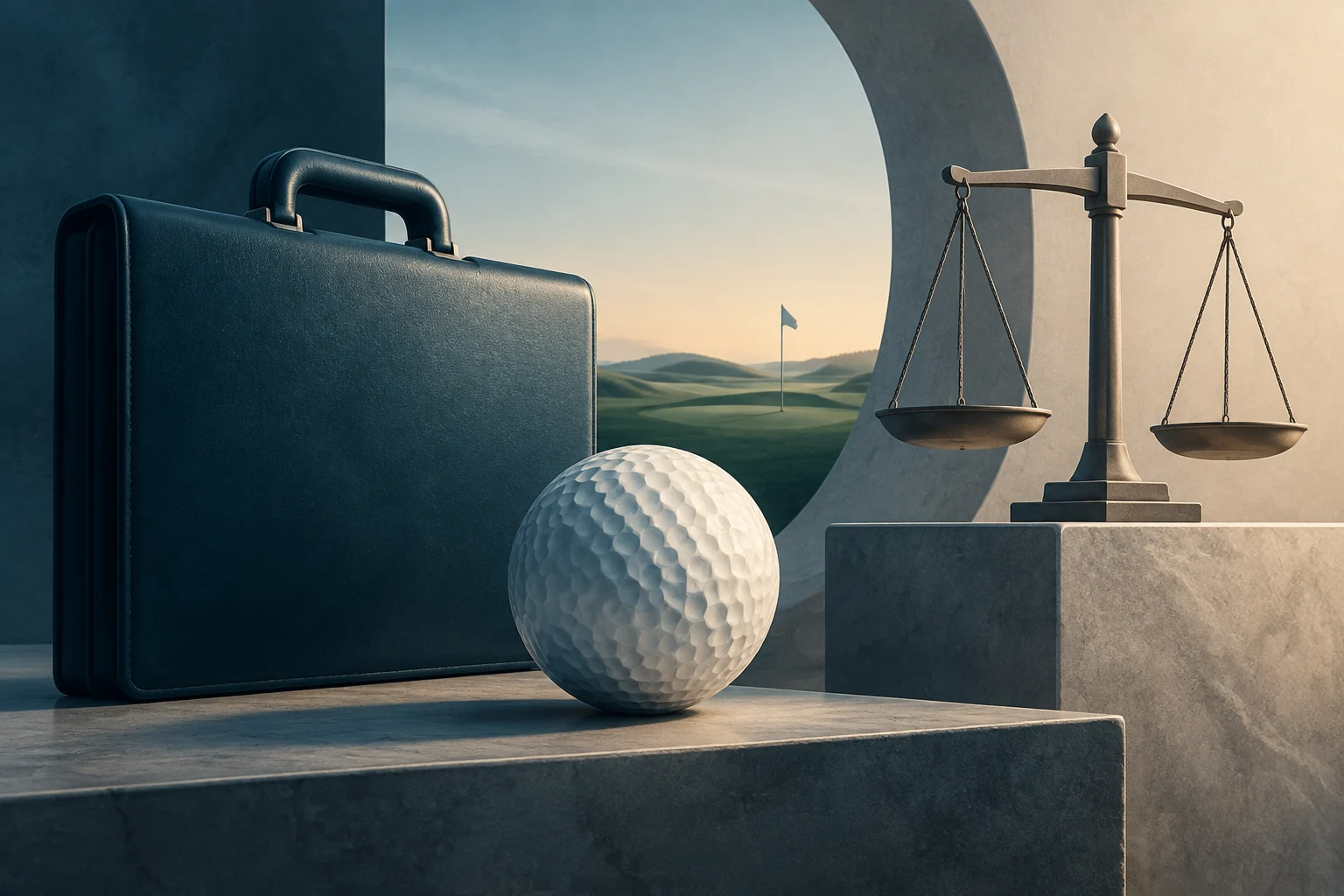 Una pallina da golf e una valigetta scura sono davanti a un campo da golf stilizzato; a destra, una bilancia poggia su un blocco di pietra.