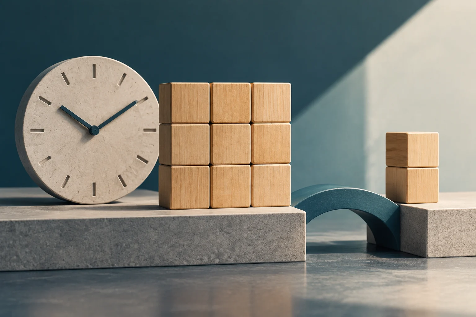 Un orologio rotondo in pietra accanto a blocchi di legno impilati su piattaforme di pietra a diverse altezze.