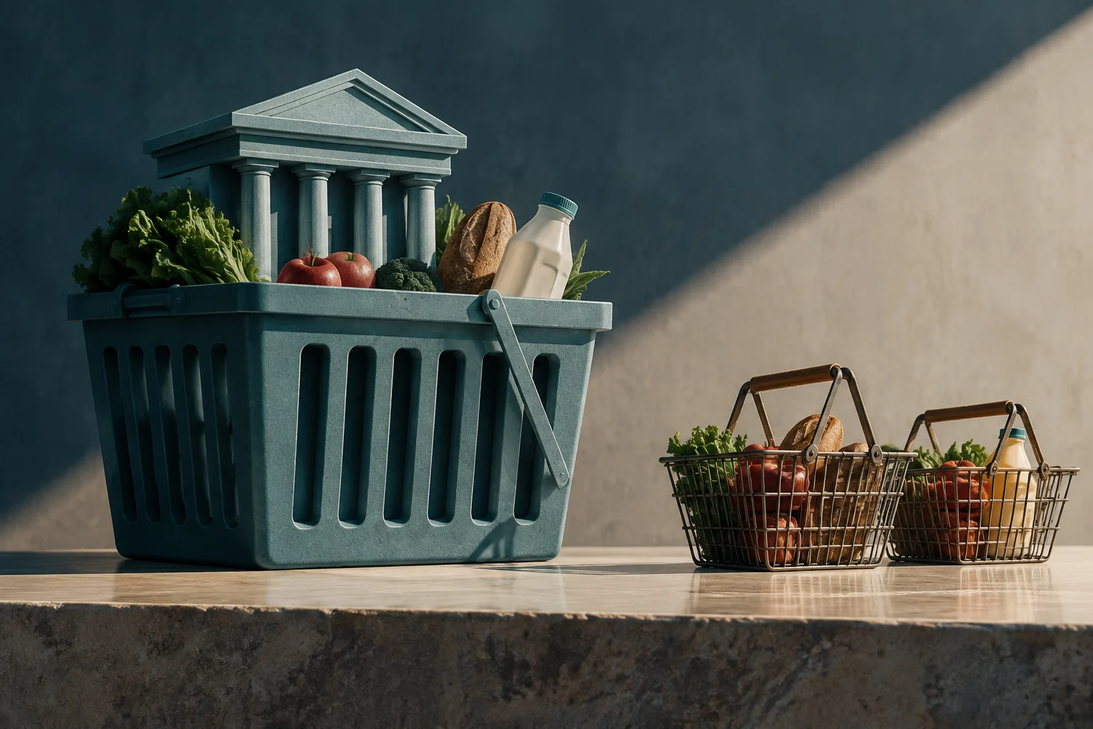 Un grande cestino pieno di verdure, mele, pane e latte ha sopra un edificio classico con colonne; accanto ci sono due cestini della spesa in metallo più piccoli, pieni di alimenti.
