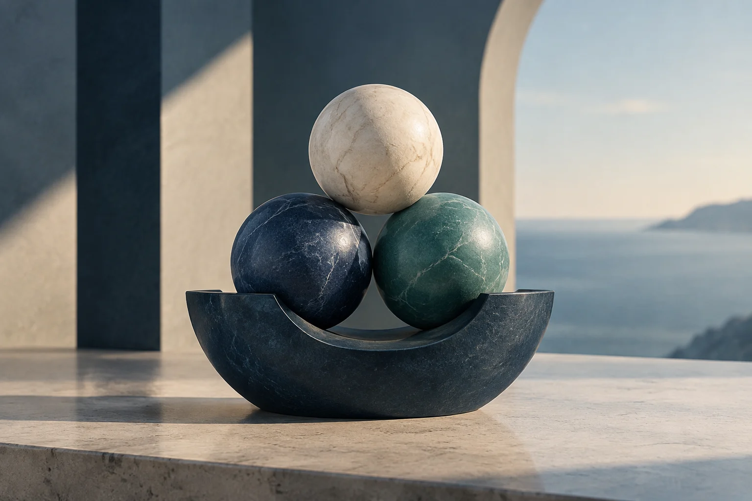 Tre sfere di pietra, una chiara e due scure, sono raccolte in un supporto curvo di pietra, davanti a un’architettura affacciata sul mare.
